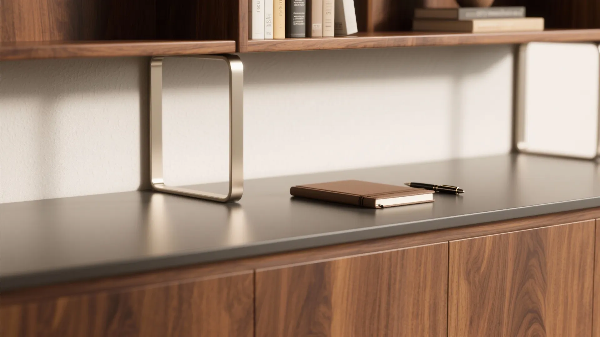 1) Auburn Wood + Matte Surfaces for Visual Calm