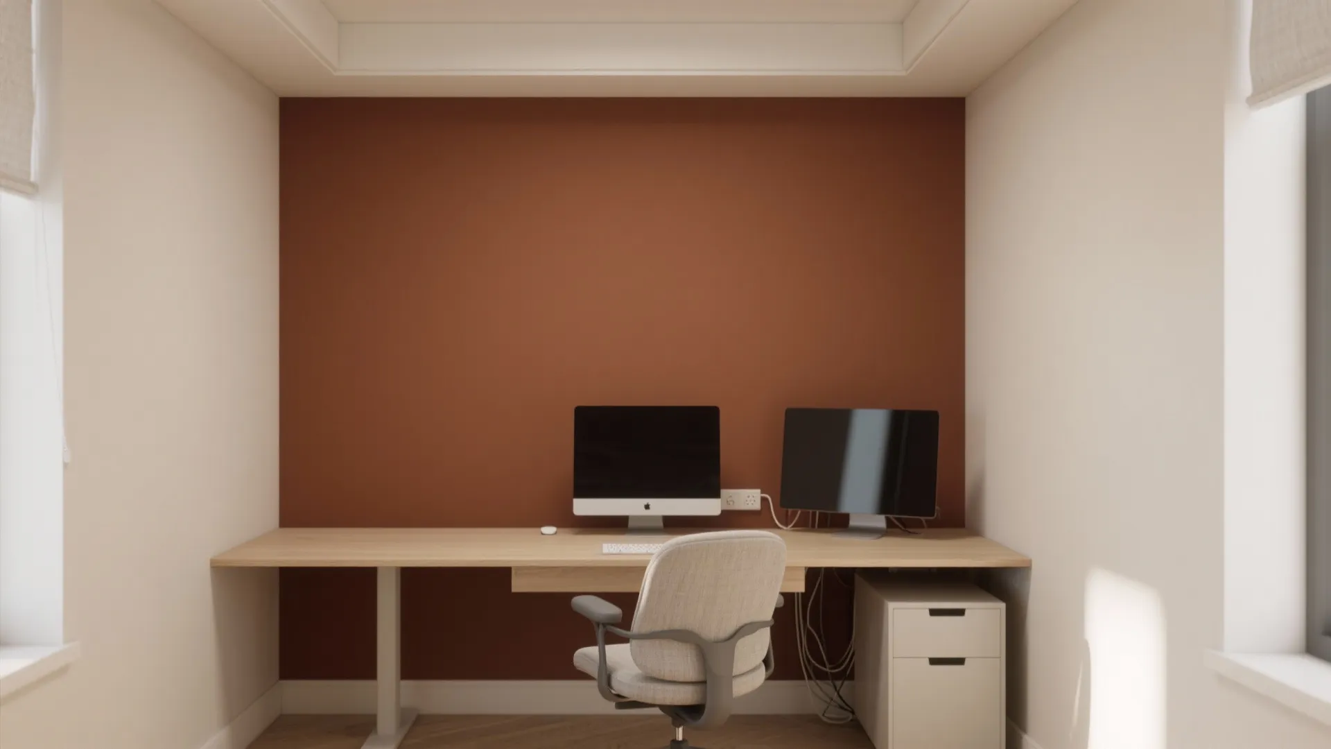 1) Auburn accent wall + oatmeal neutrals