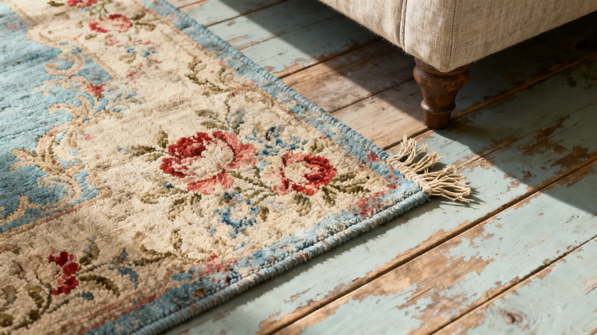 Close-up of a worn patina Aubusson-style rug showing faded florals and low-pile texture