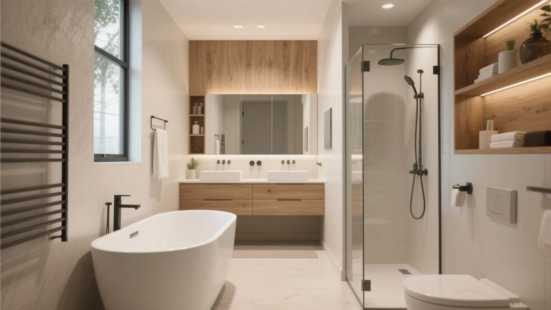 Contemporary master bathroom featuring a white bathtub, glass shower booth, and wooden double sink cabinet