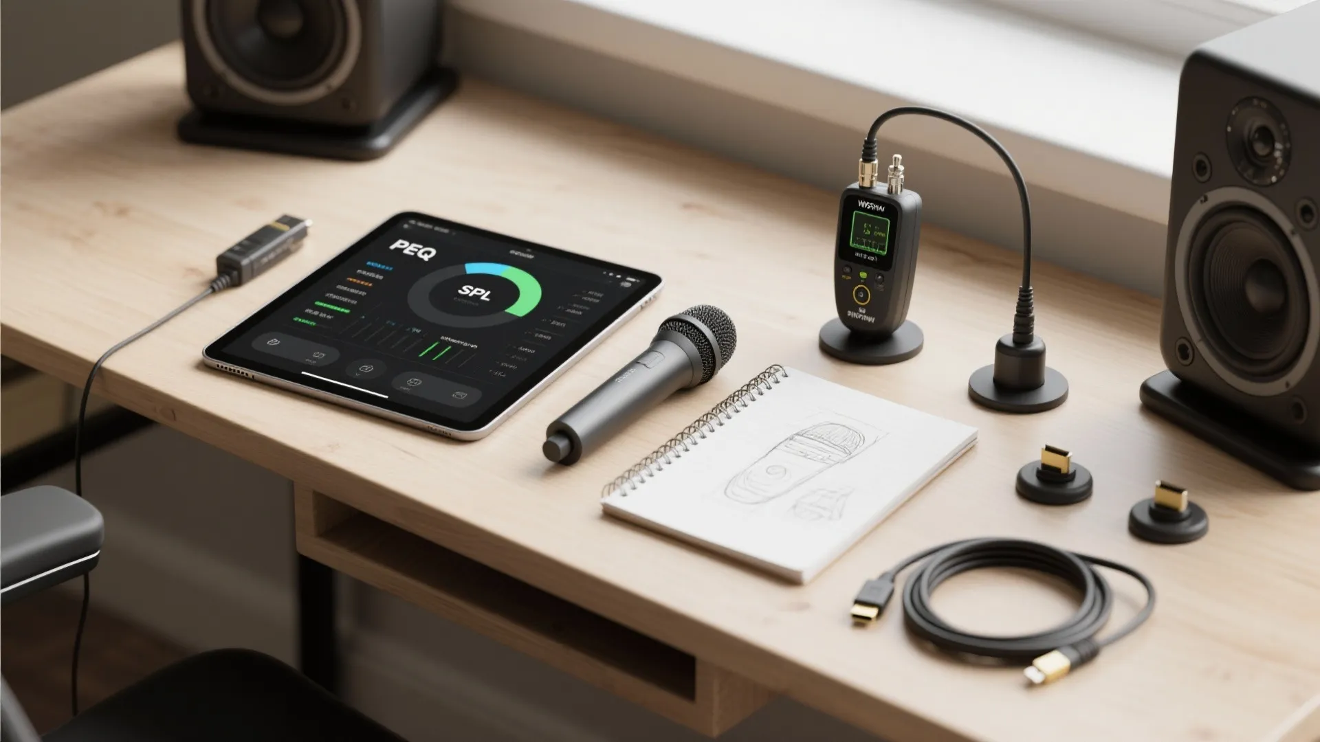 Flatlay of PEQ tablet interface, SPL meter, calibration mic, and isolation feet for room tuning.