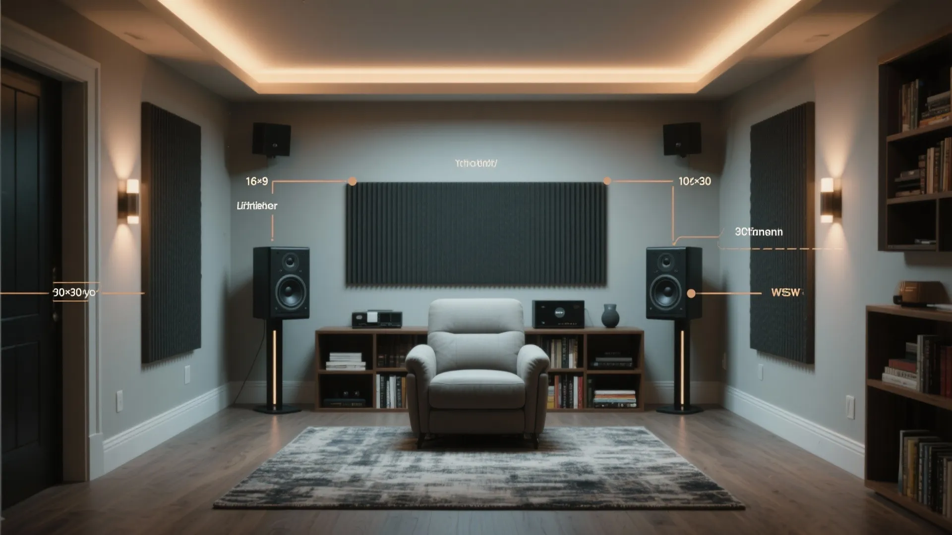 Interior design drawing showing room layout for speakers with grey armchair and dark wall panel decorations