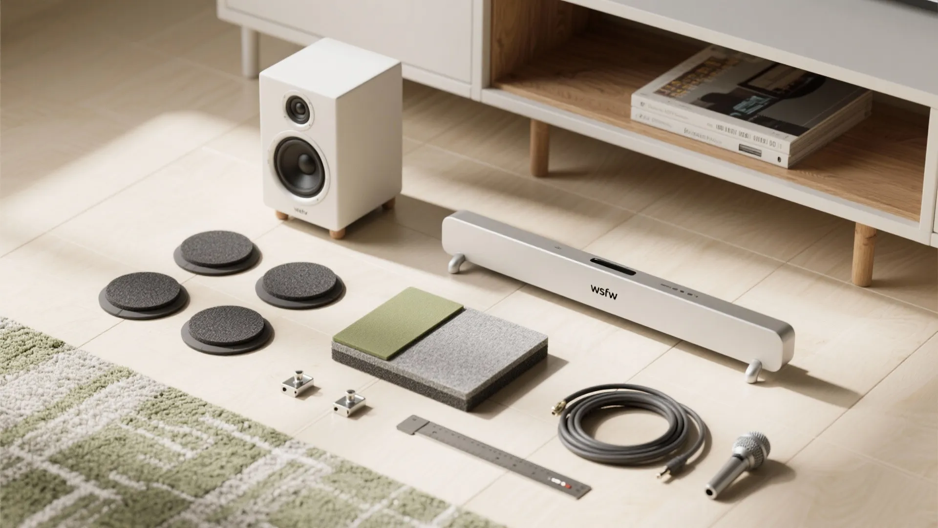 Flat lay of small-room audio tools including a bookshelf speaker, pads, sub, soundbar piece, and acoustic materials.