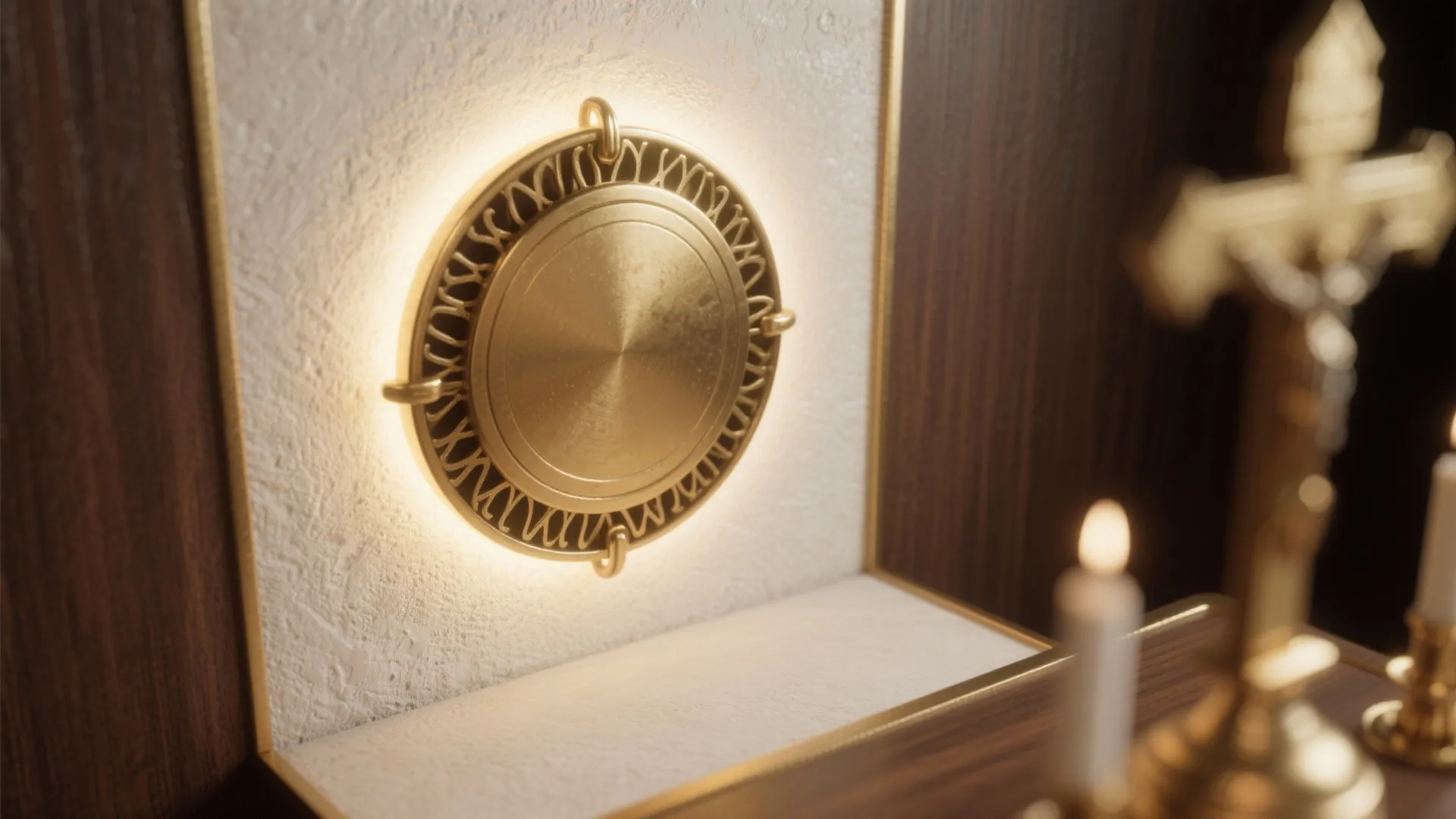 Circular gold wall decoration with back lighting placed on a white textured stone wall panel