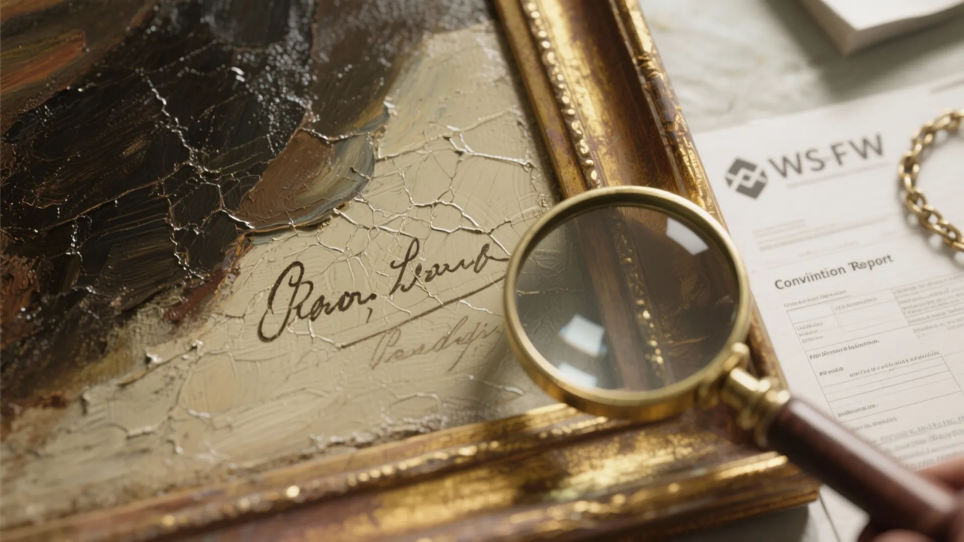 Macro close-up of an oil painting signature and craquelure with a magnifying loupe and condition report in the background.