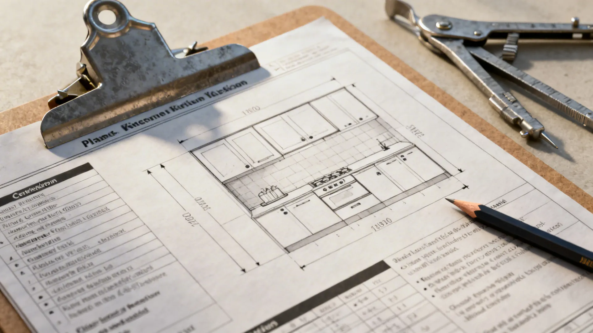 Macro view of kitchen planning diagrams on a clipboard with an architect scale and pencil.