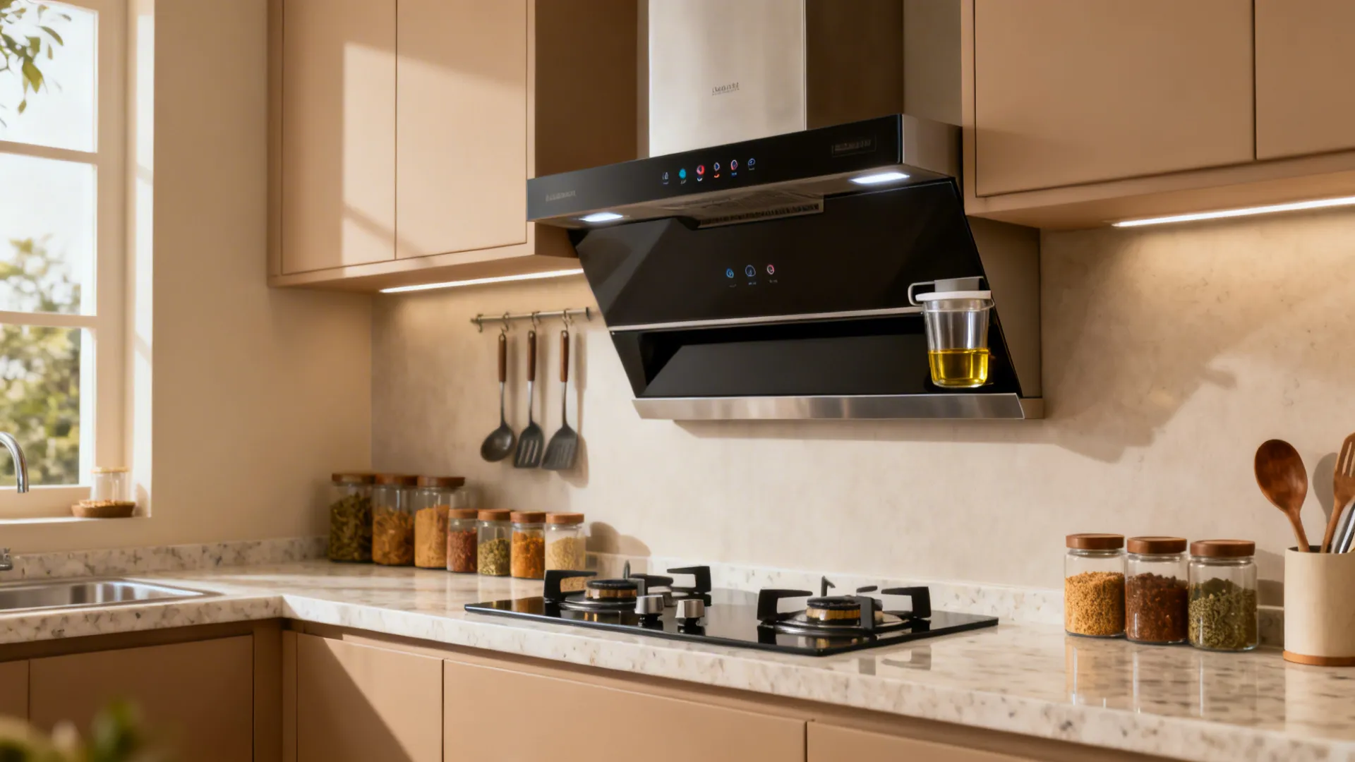 Auto-clean kitchen chimney with a neat oil collector above a hob in a modern Indian kitchen.