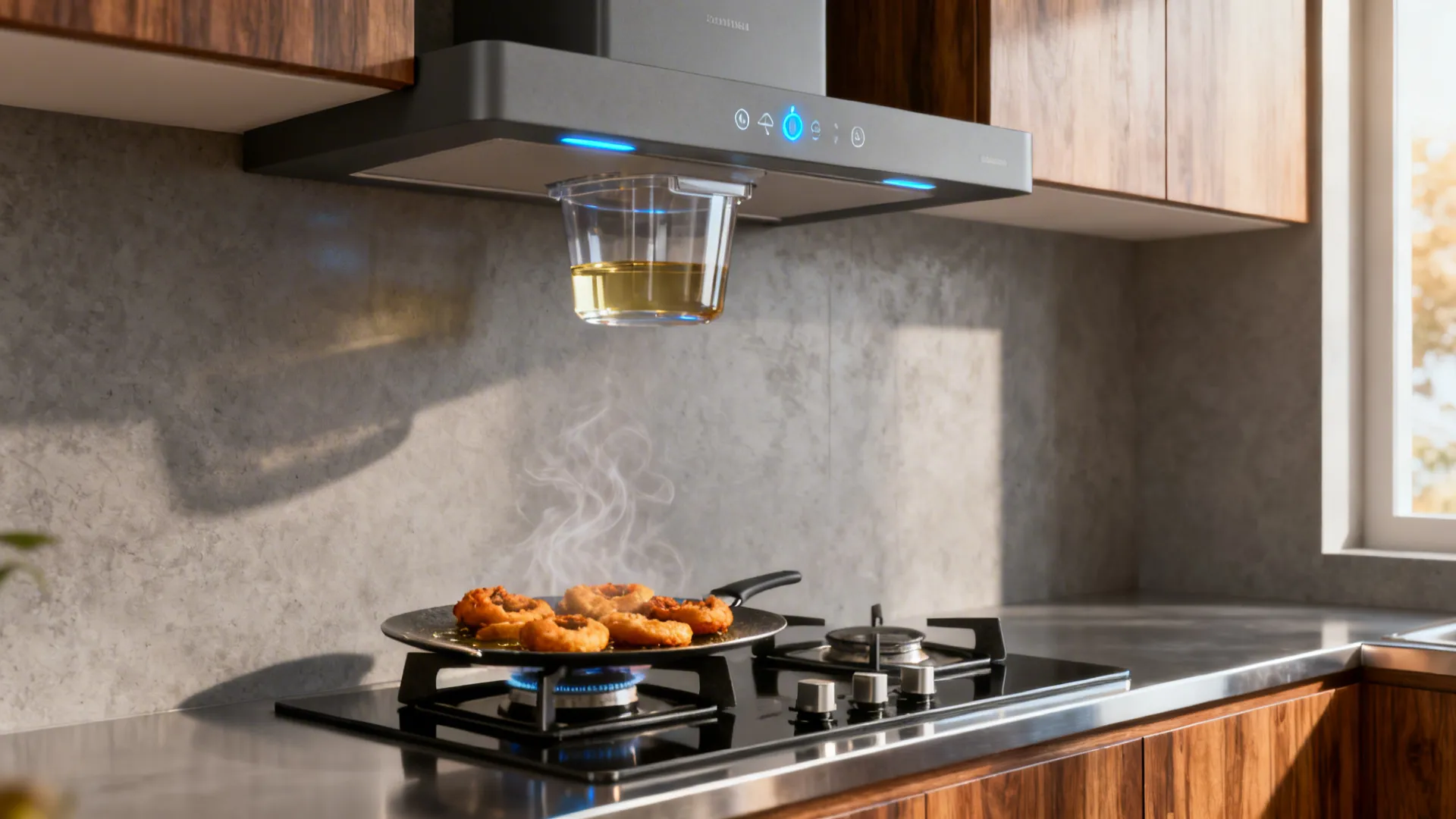 Close up of kitchen vent hood with oil collector above frying food on a stove
