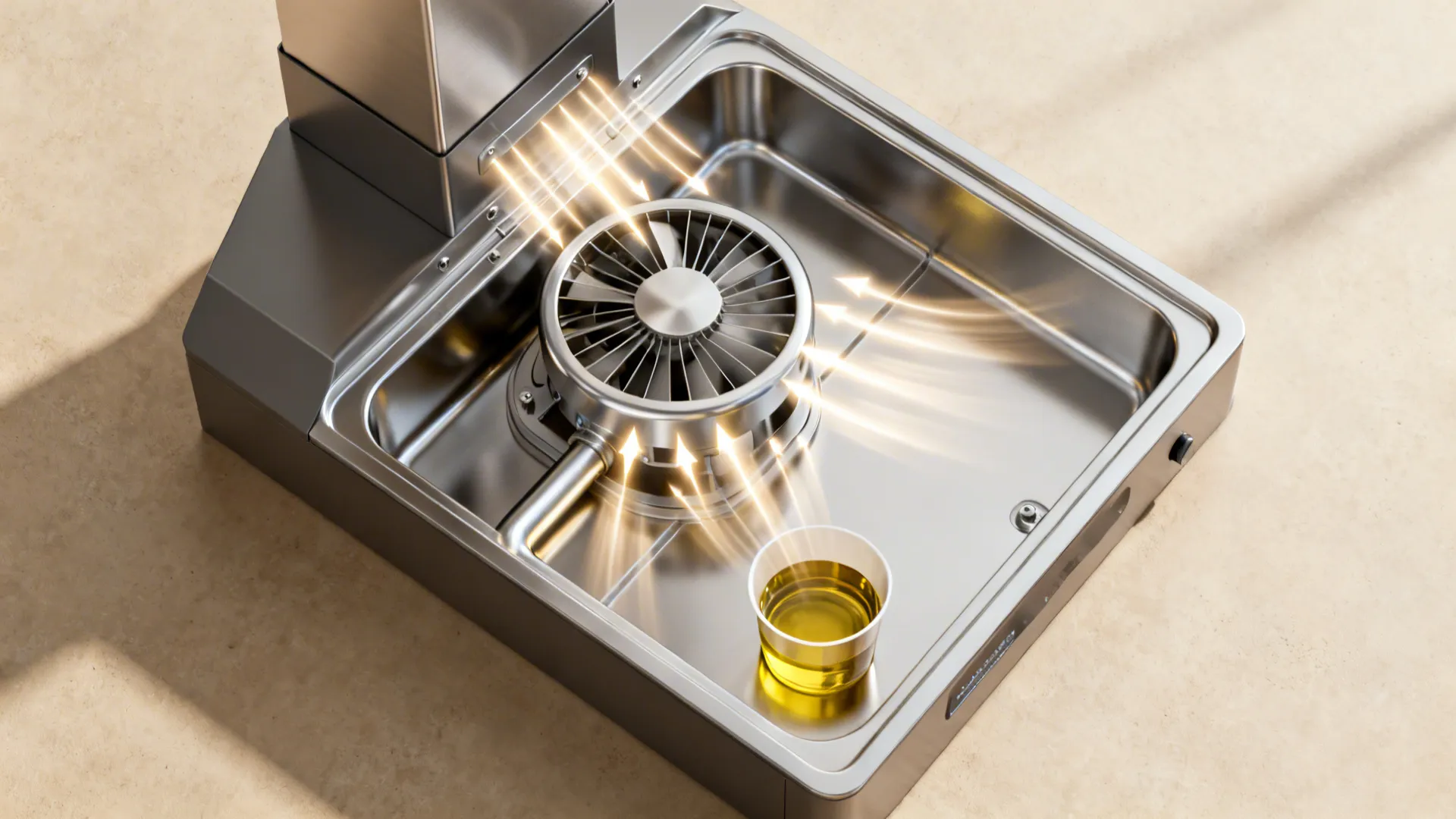 Top-down visualization of filterless auto-clean airflow guiding oil into a collector cup.