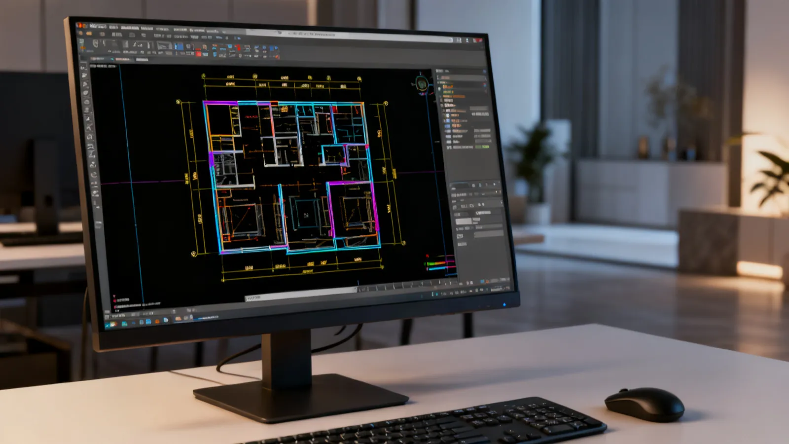 Computer monitor displaying CAD architectural floor plan drawing