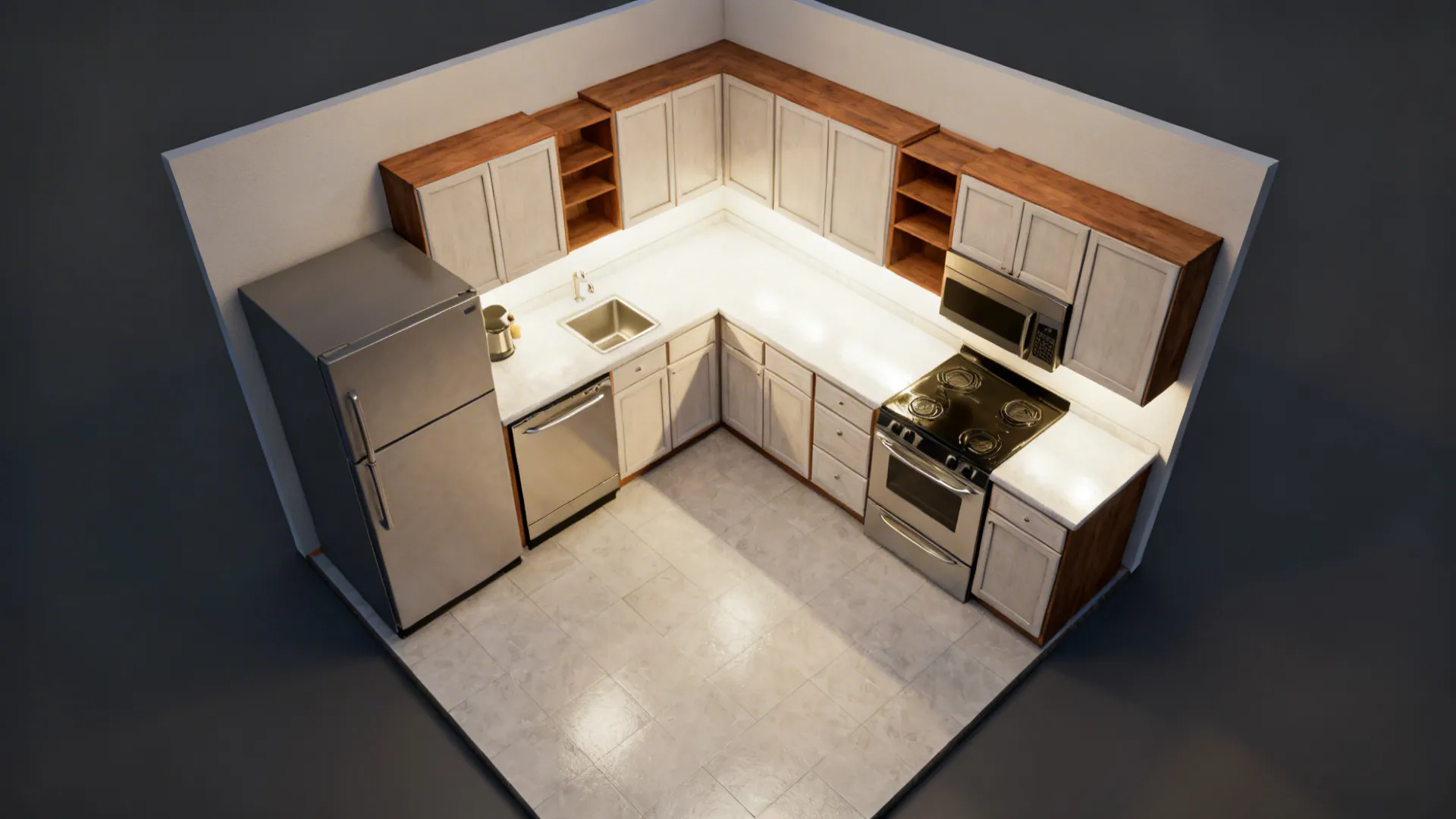 Top-down process view showing shell, cabinetry, appliances, and clearance overlays in a small kitchen.