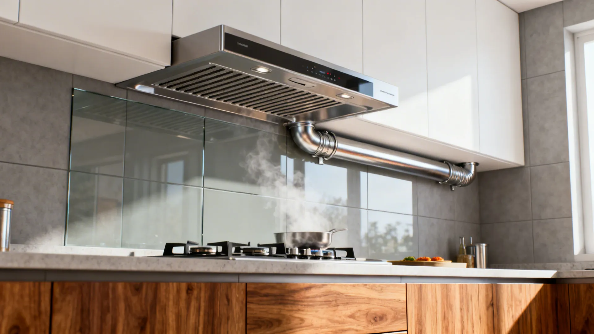 Auto-clean baffle filter chimney above a 75 cm hob with a glass backsplash and short ducting.