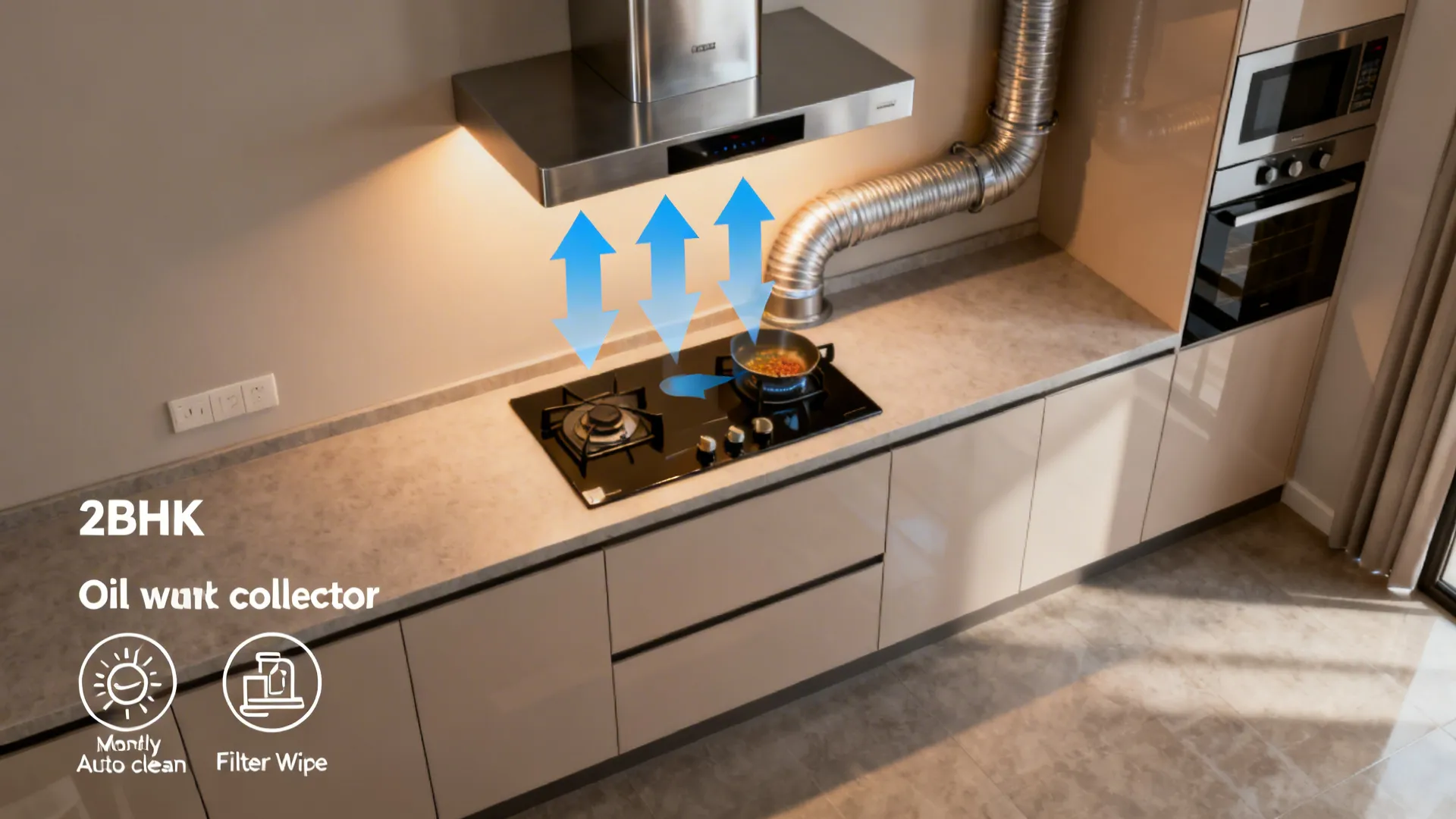 Top-down kitchen layout showing chimney airflow path and oil collector position.