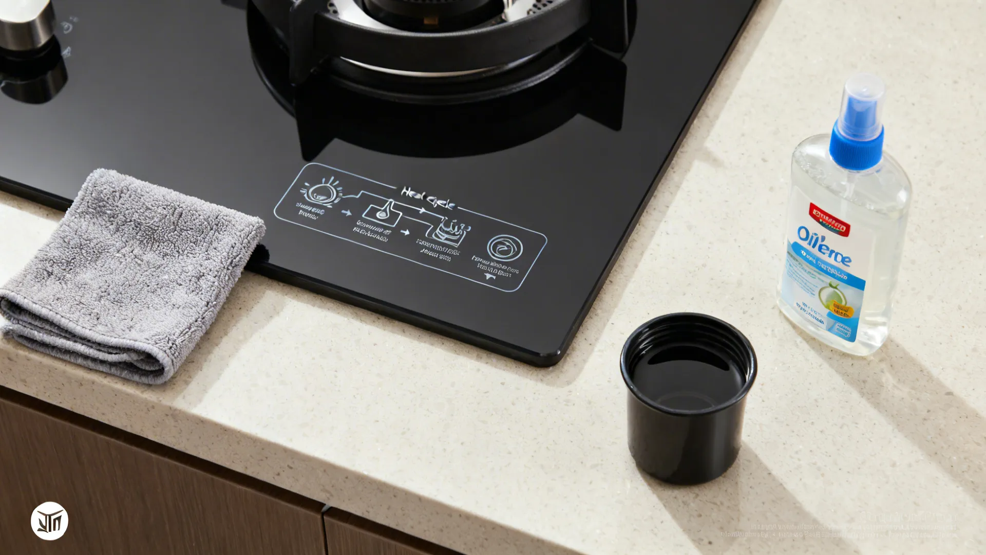 Flat lay of an auto-clean chimney concept with oil cup and cleaning tools on a quartz surface.