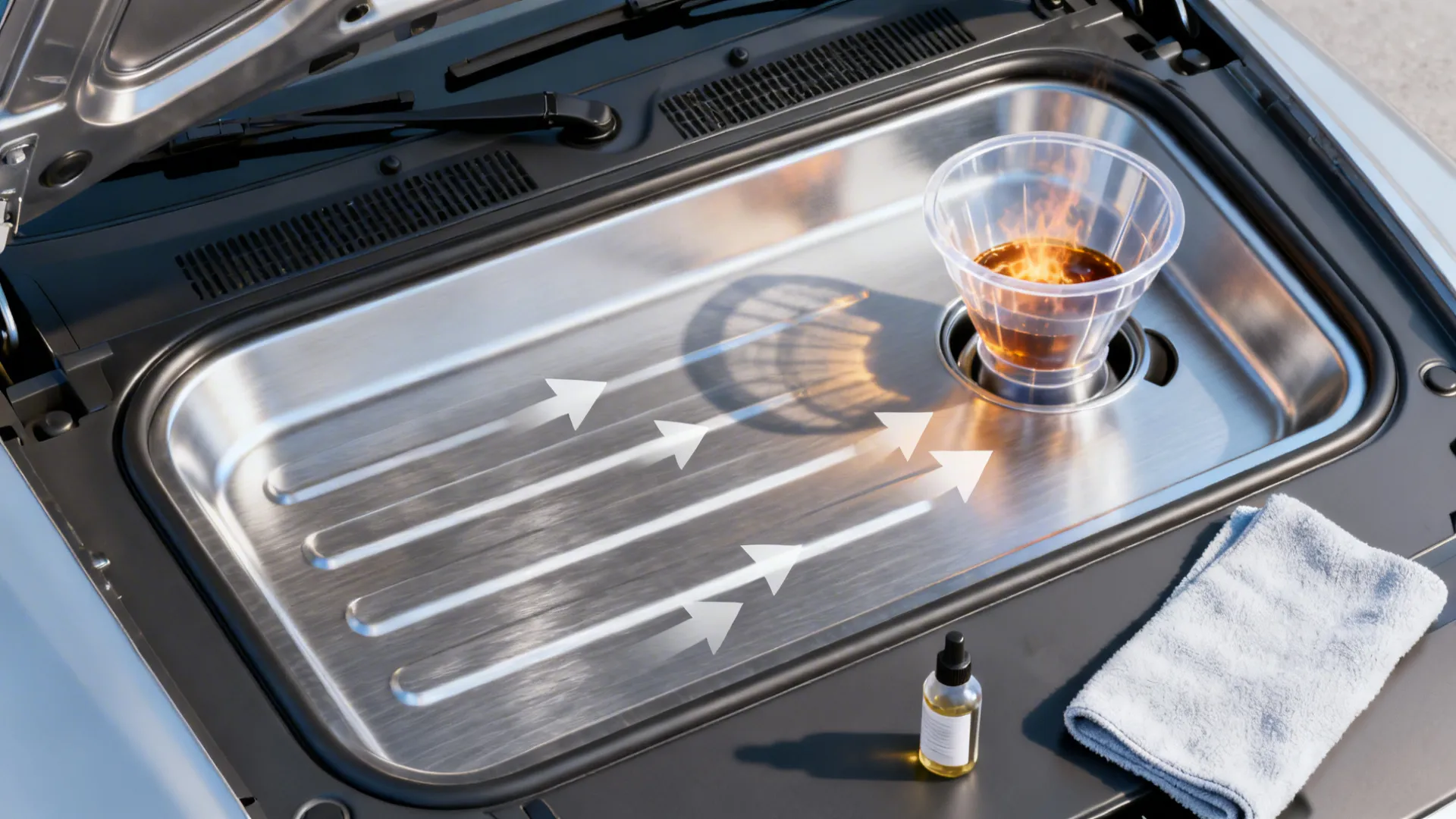 Demonstration of self cleaning process on a metal tray with white arrows showing the flow