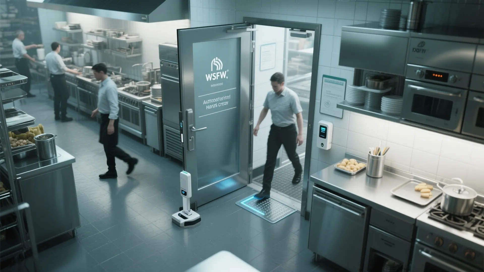 Automatic glass door opening for a worker in a bright modern kitchen with stainless steel equipment