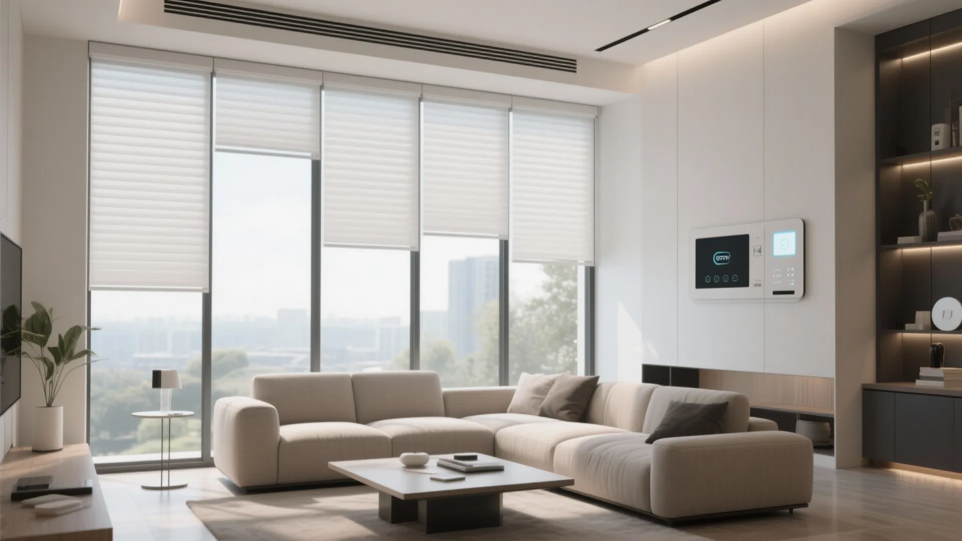 Modern living room with automated roller shades on tall windows