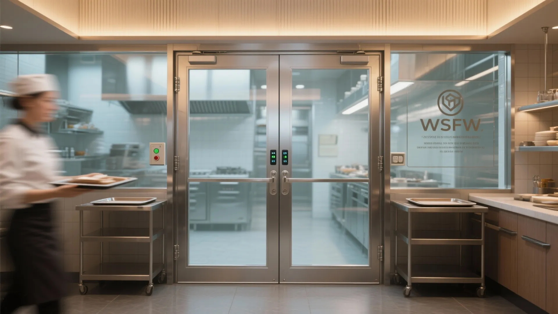 5. Automatic swing doors with tempered glazing for hygiene