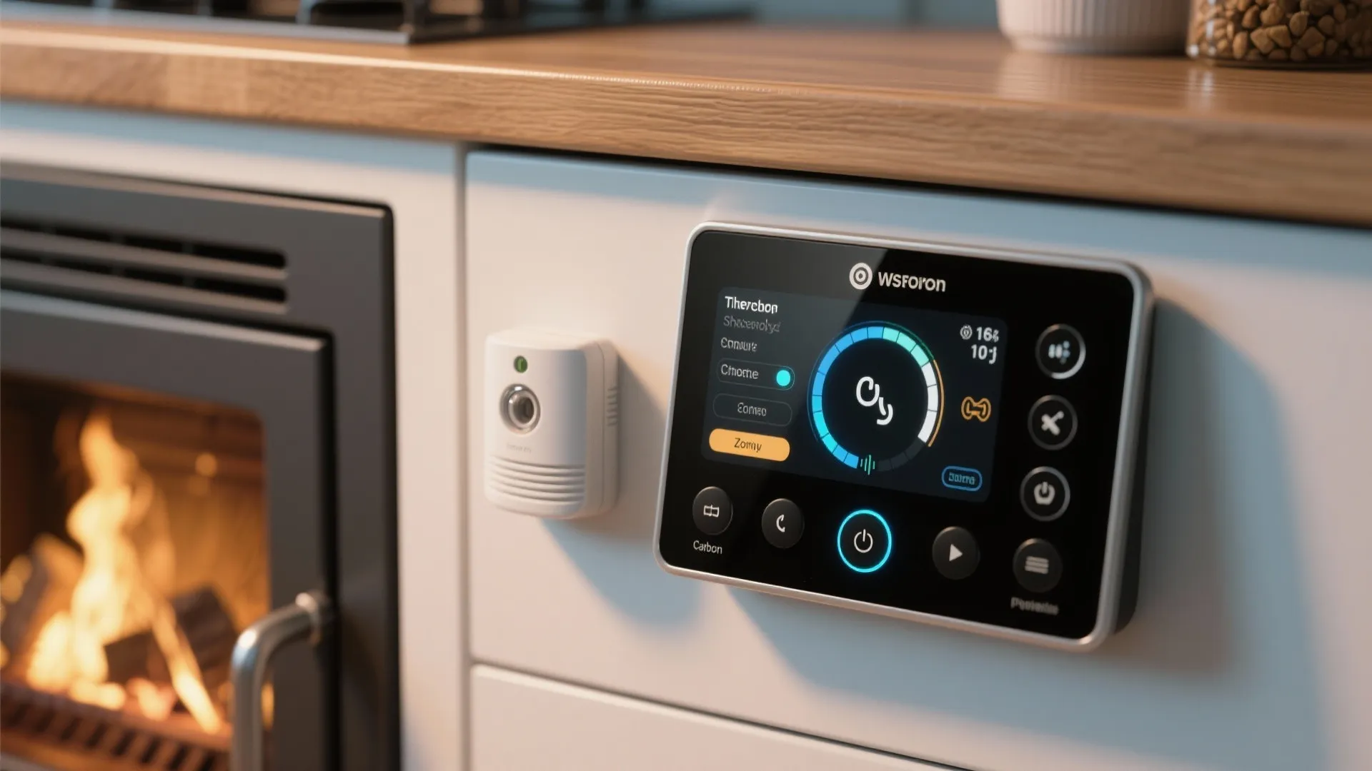 Smart home control screen on a white cabinet next to a warm fireplace with flames