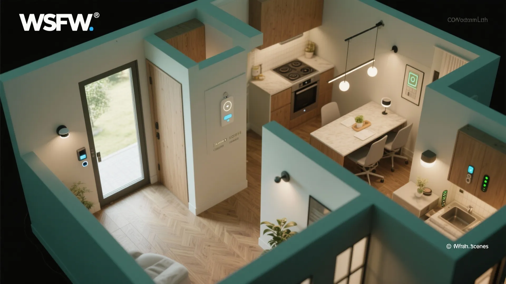 Top-down storyboard of a small home plan showing sensors, layered scenes, and control points.