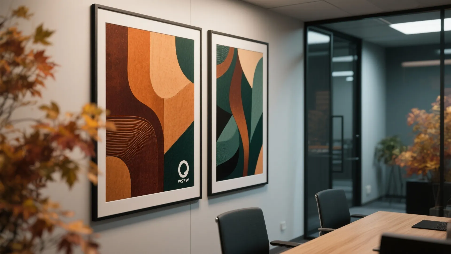 Office conference room featuring two large abstract wall art pieces wooden table and black chairs