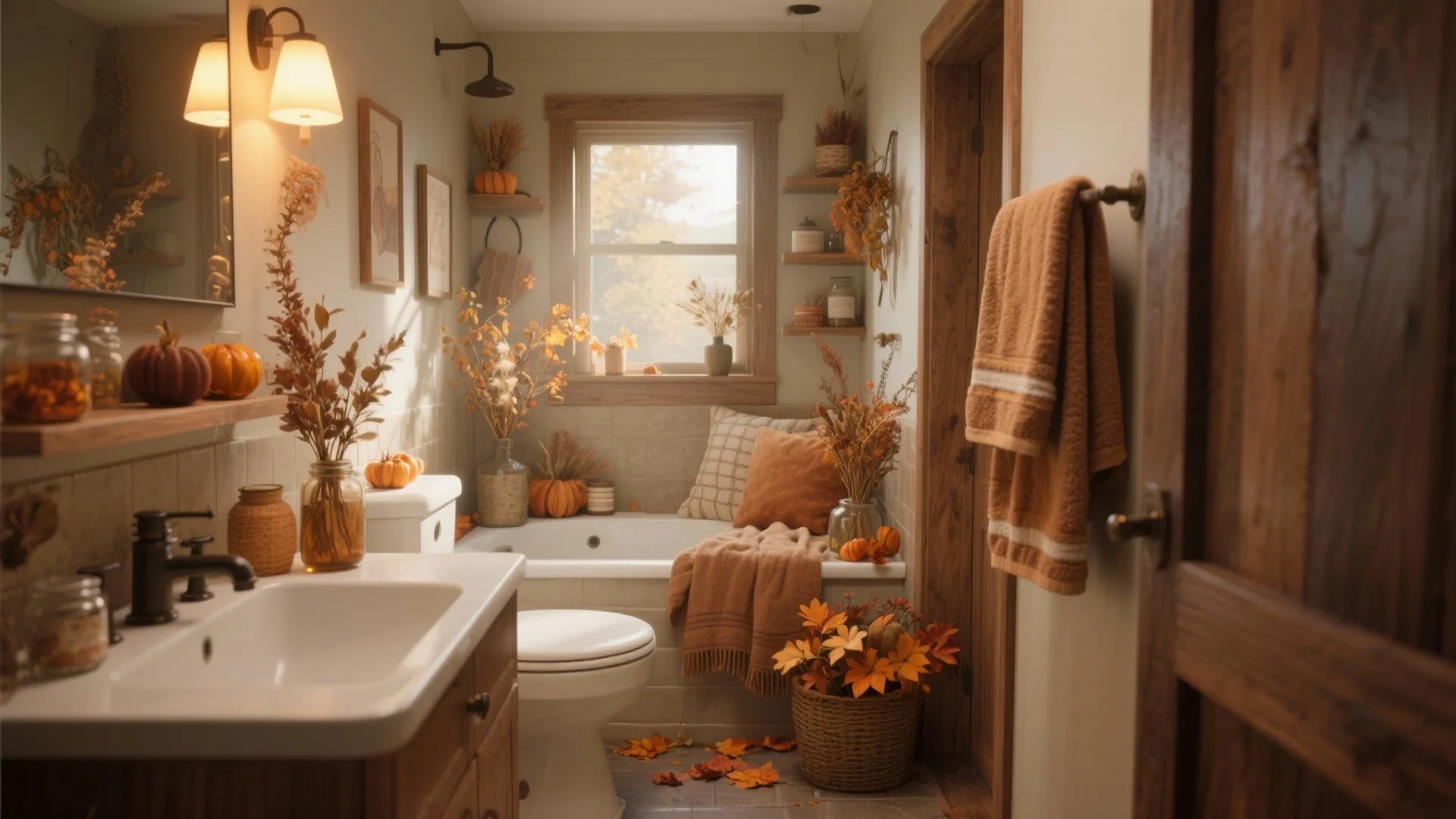 Cozy bathroom with autumn decorations featuring pumpkins, orange leaves, white bathtub, toilet, and wall lights
