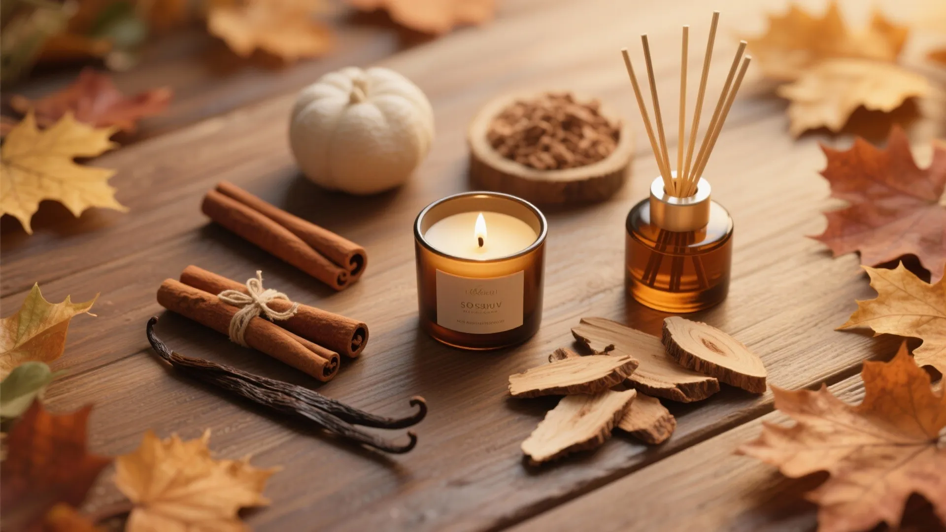 Scented candle with reed diffuser cinnamon sticks wood pieces and autumn leaves on a wooden table