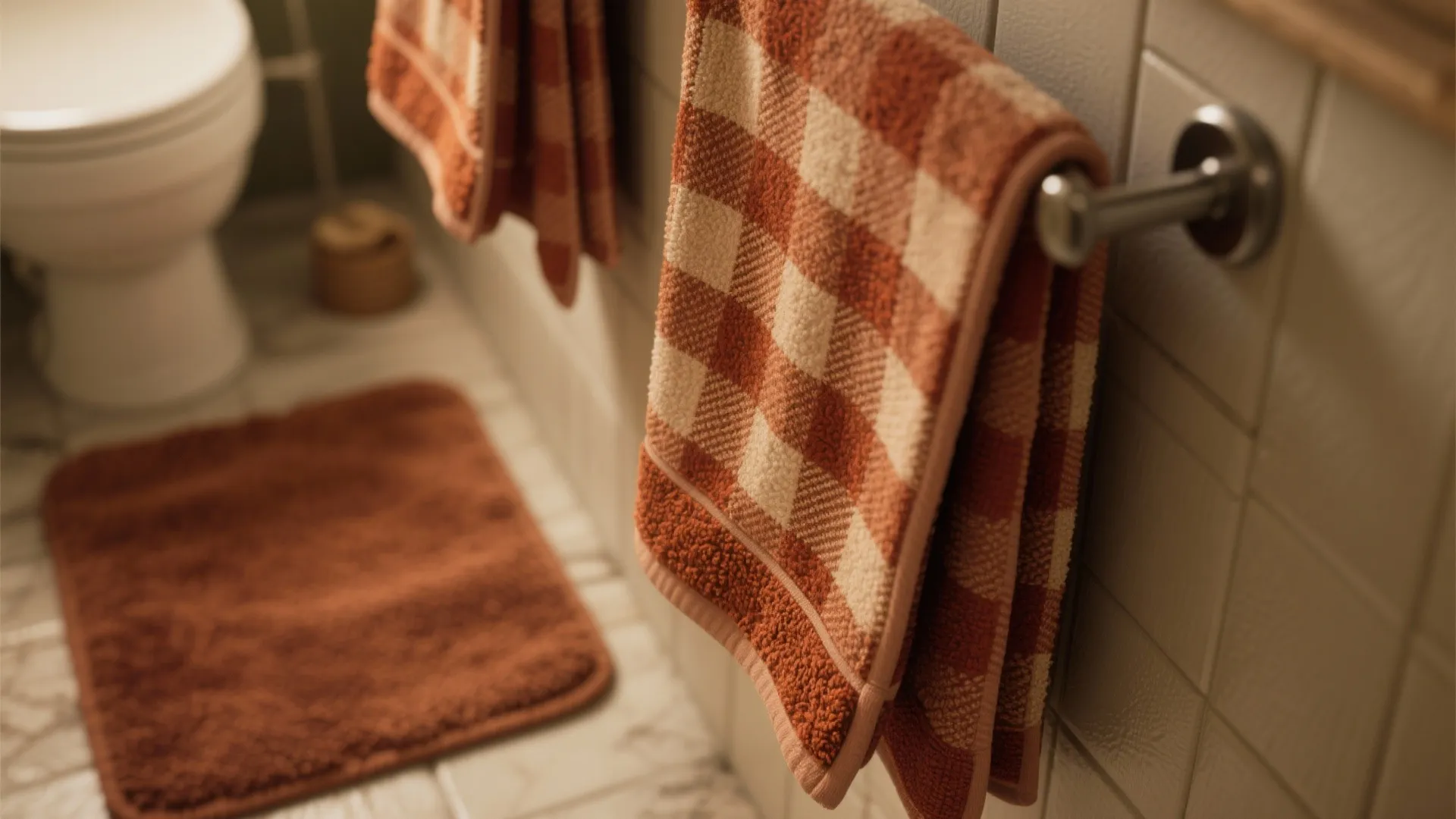 Orange checkered towels hanging on a metal rack near a brown bath rug inside bathroom