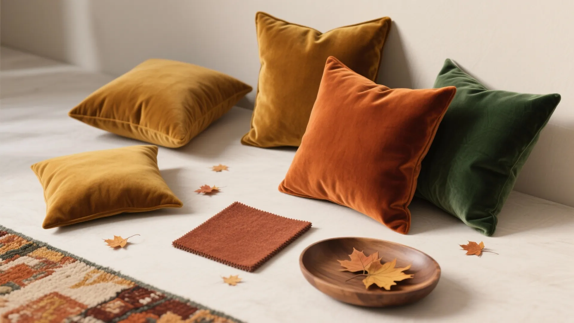 Soft velvet pillows in autumn colors with fabric samples and wooden bowl on white floor