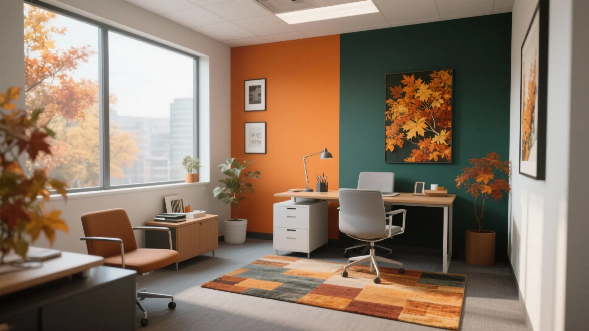 Modern home office with orange and green walls wooden desk grey chair and checkered rug