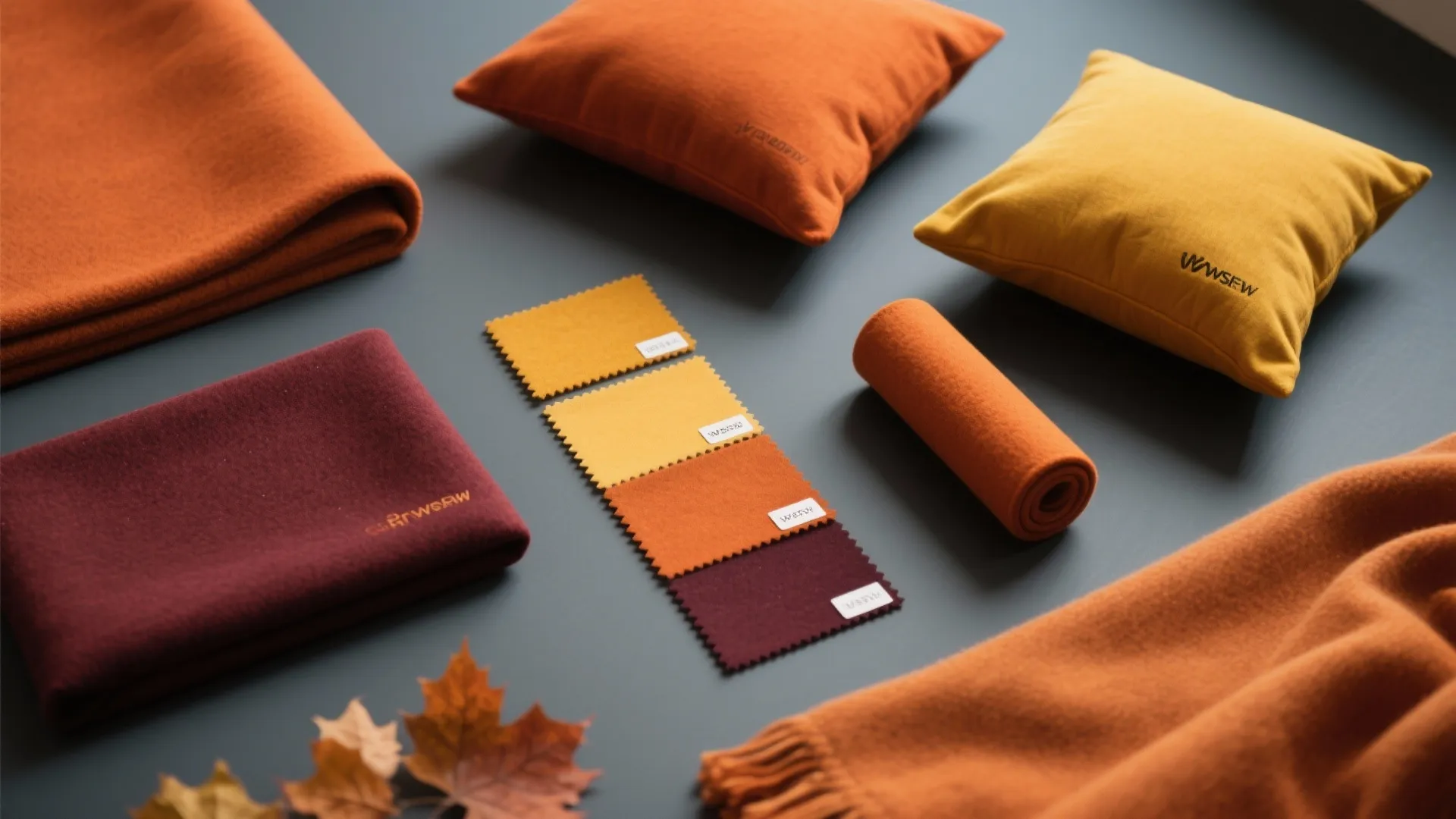 Interior design color palette with fabric samples and pillows in orange yellow and red colors