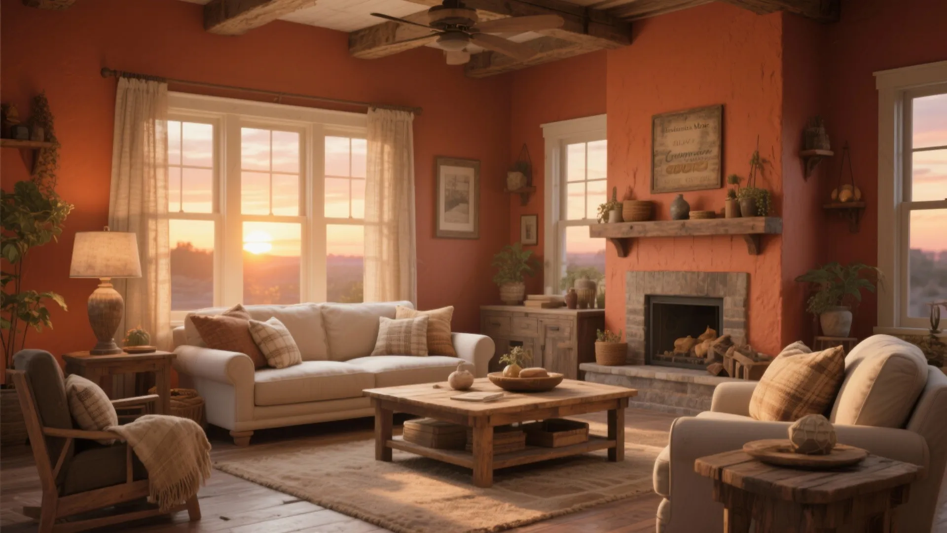 Rustic chic living room in Autumn Cover terracotta balanced with light furniture