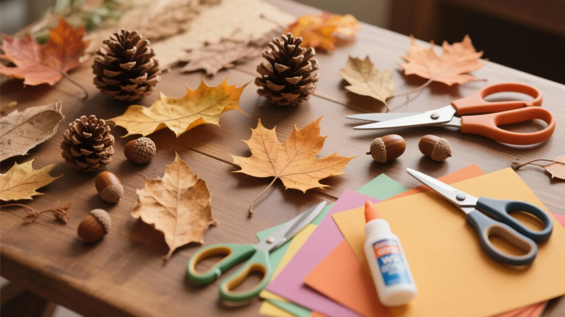 Craft table with autumn leaves, pine cones, acorns, scissors, glue, and colorful paper for art