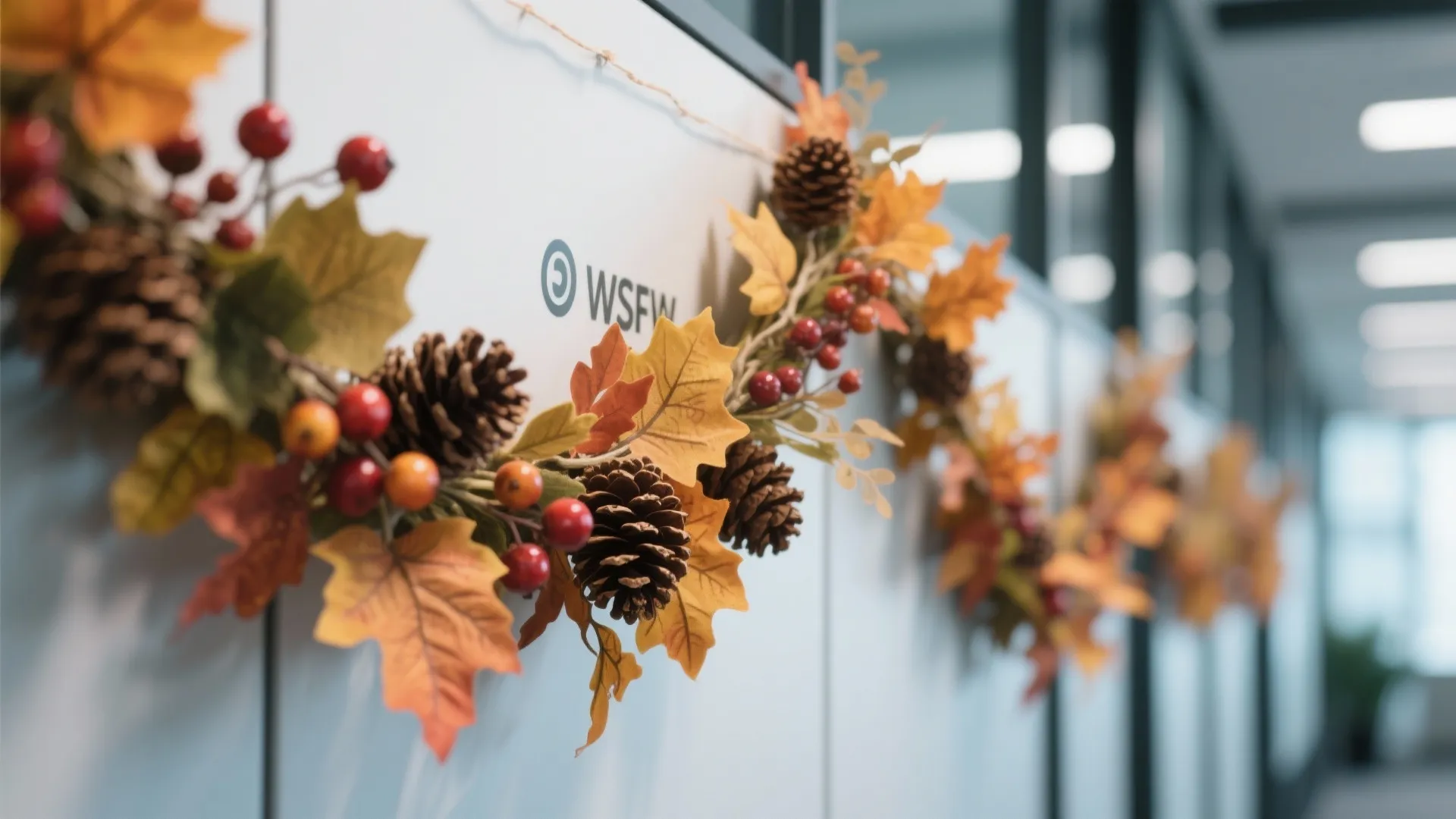 Autumn garland with orange maple leaves pine cones and red berries hanging on white office wall
