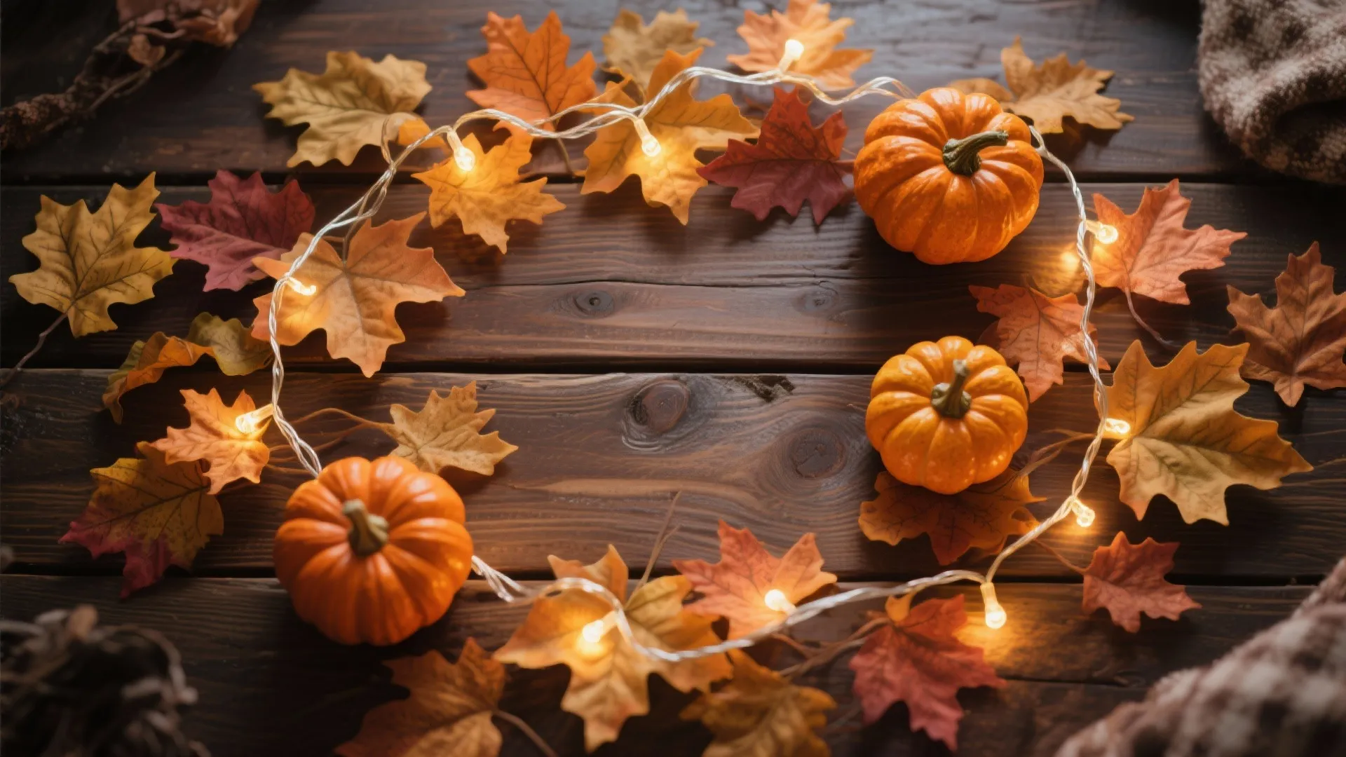 Small pumpkins and orange maple leaves with string lights on a dark brown wooden table