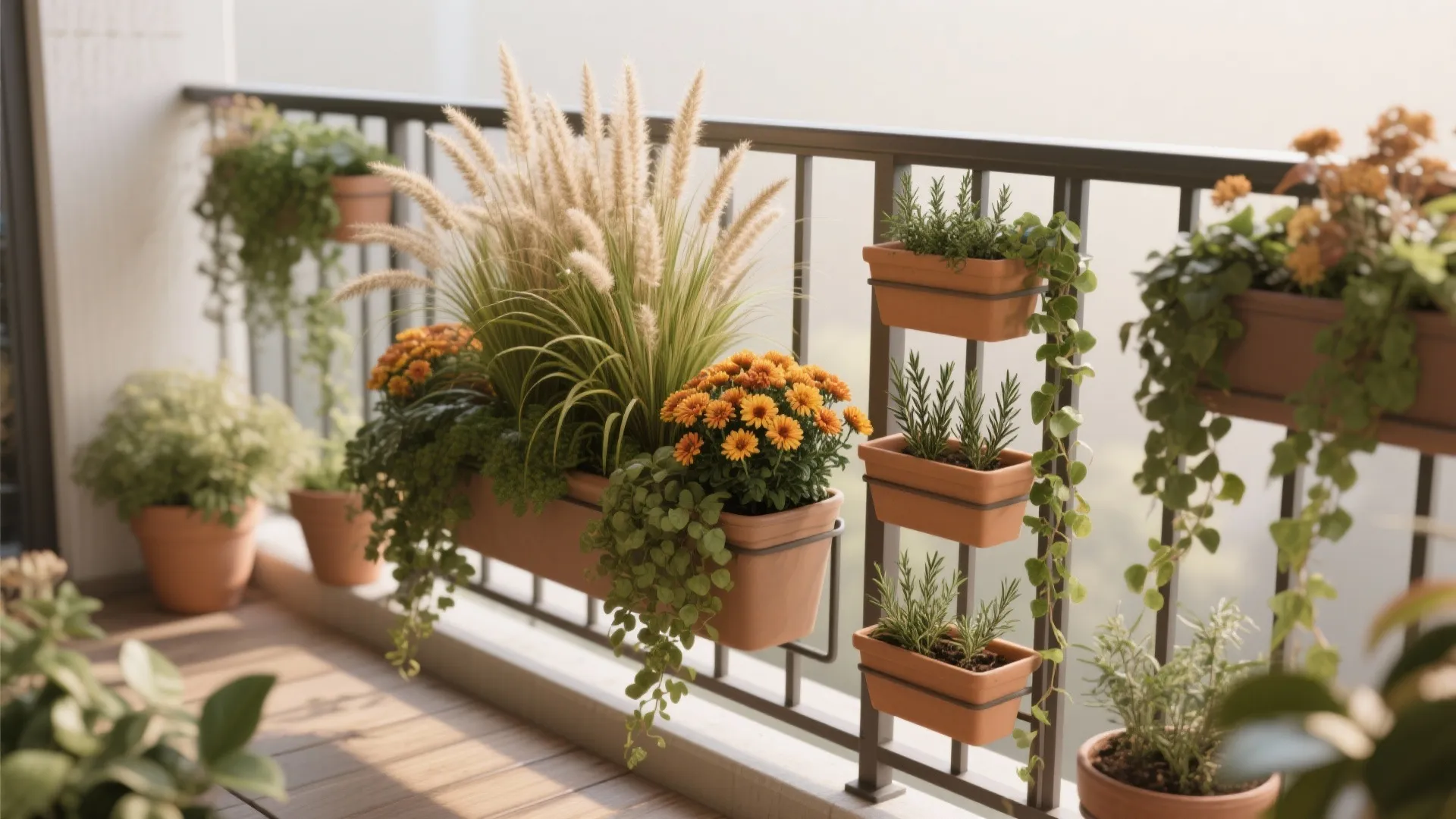 4) Autumn Greenery: Hardy Herbs, Mums, and Ornamental Grasses