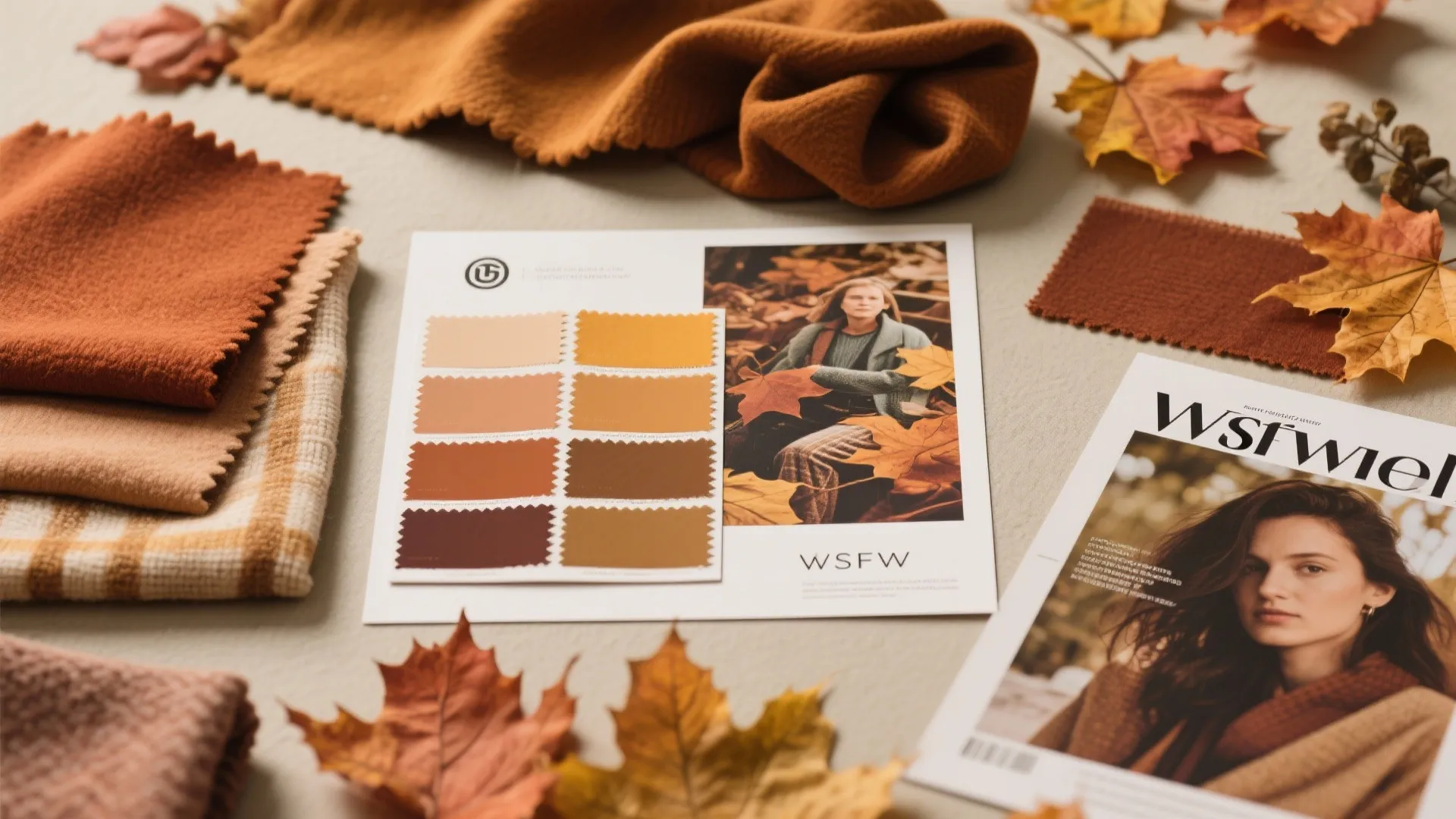 Autumn mood board with orange fabric samples brown leaves color swatches and a fashion magazine