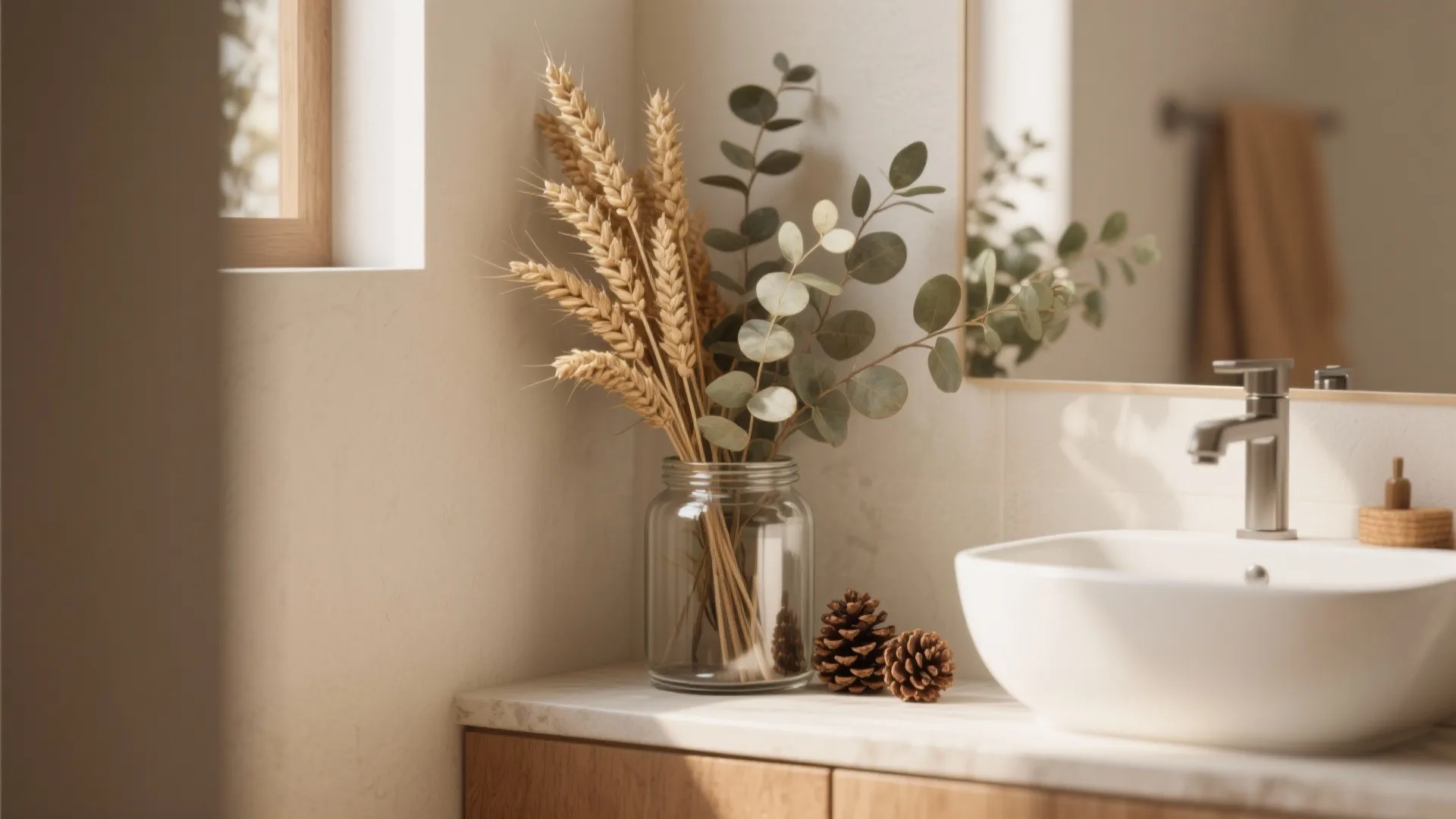 Modern bathroom sink with marble countertop glass vase holding dried wheat stalks and green eucalyptus leaves