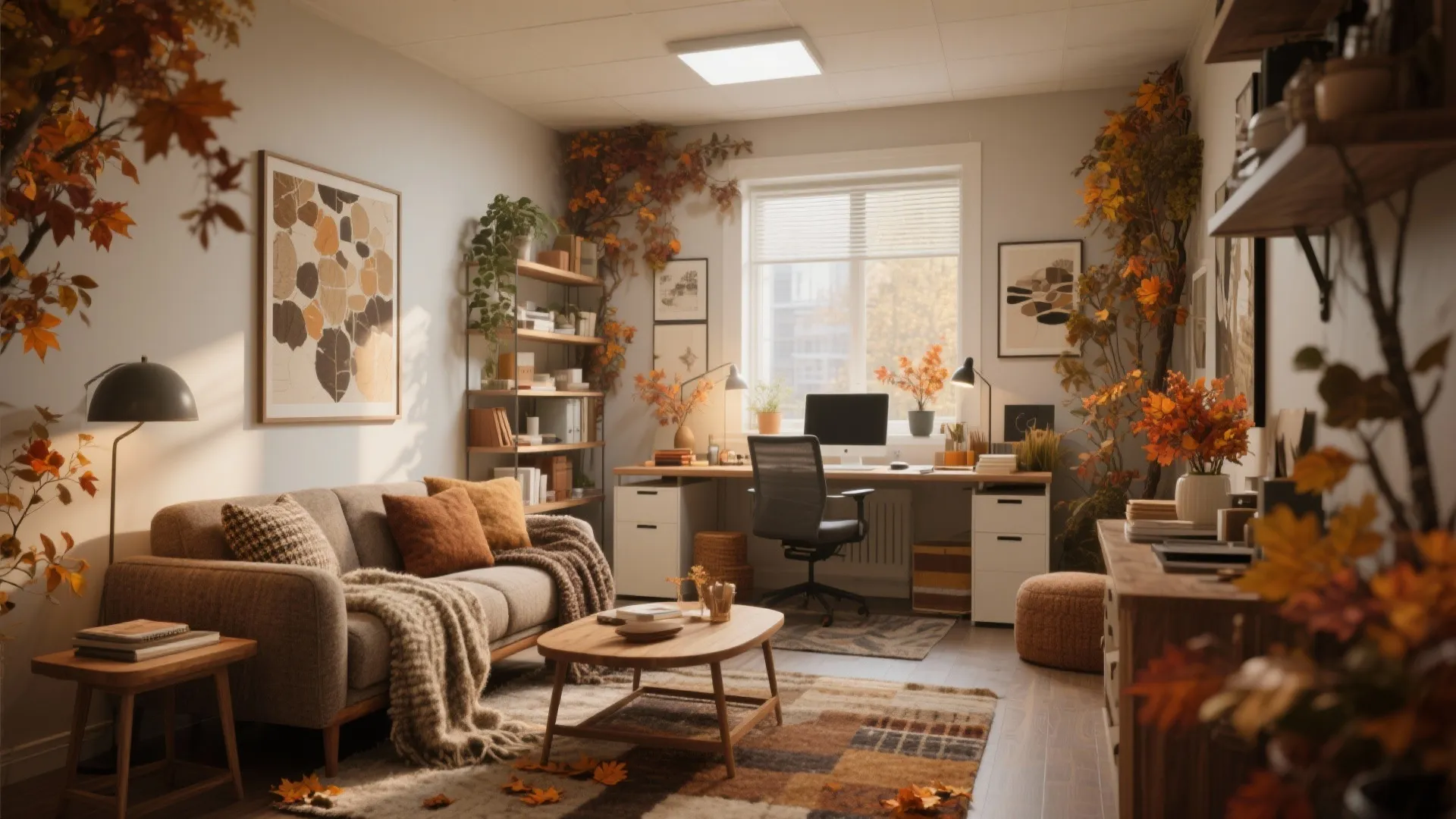 Comfortable home office interior with grey sofa coffee table desk and beautiful autumn leaf decorations
