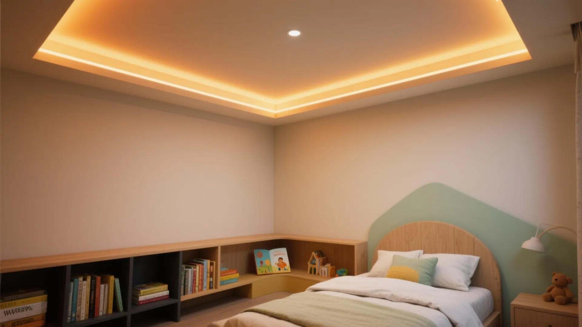 Modern kids bedroom showing warm ceiling light fixture wood bed shelves and green wall panel