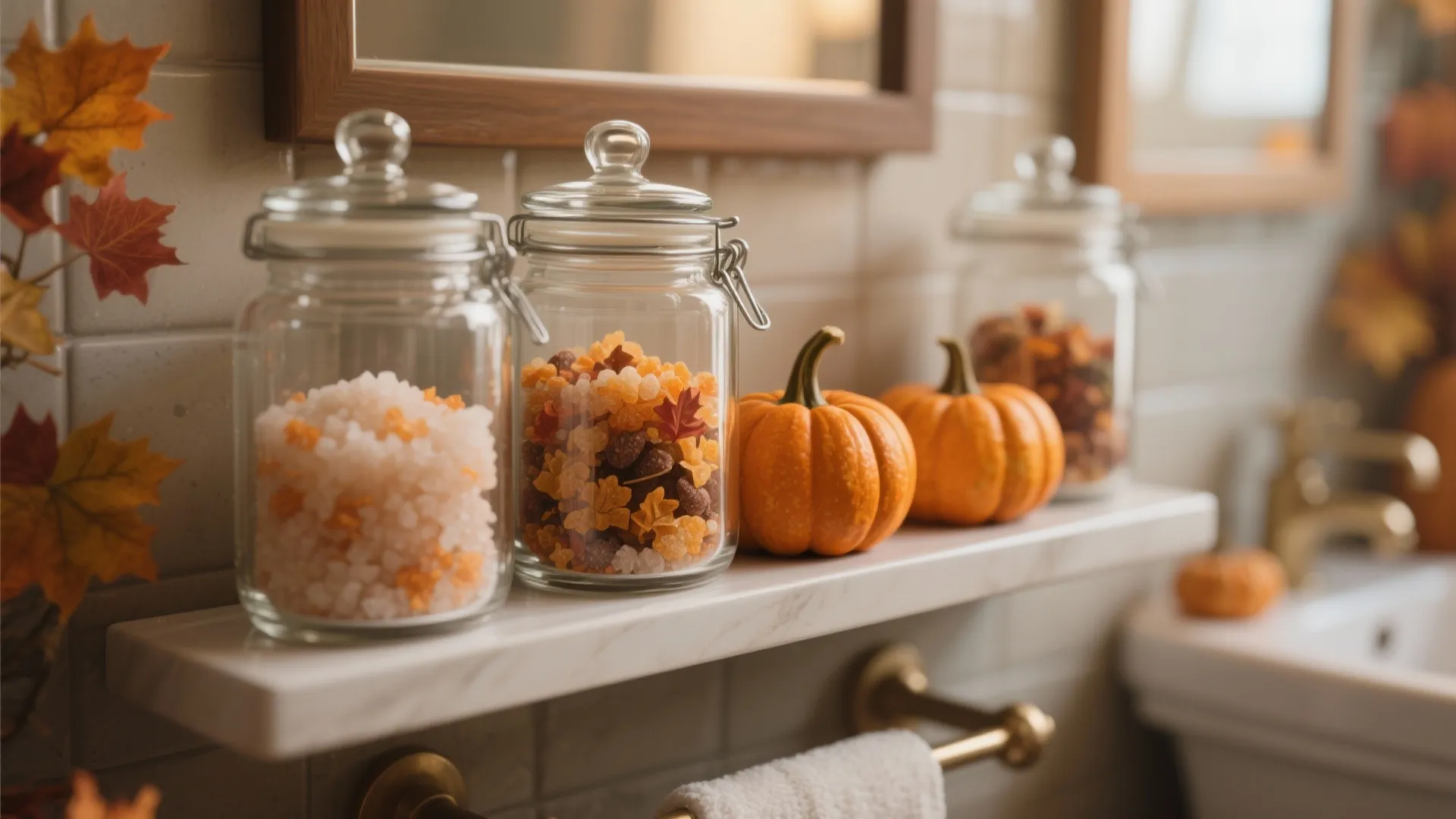 Glass storage jars with bath salts and small pumpkins on a white shelf in bathroom