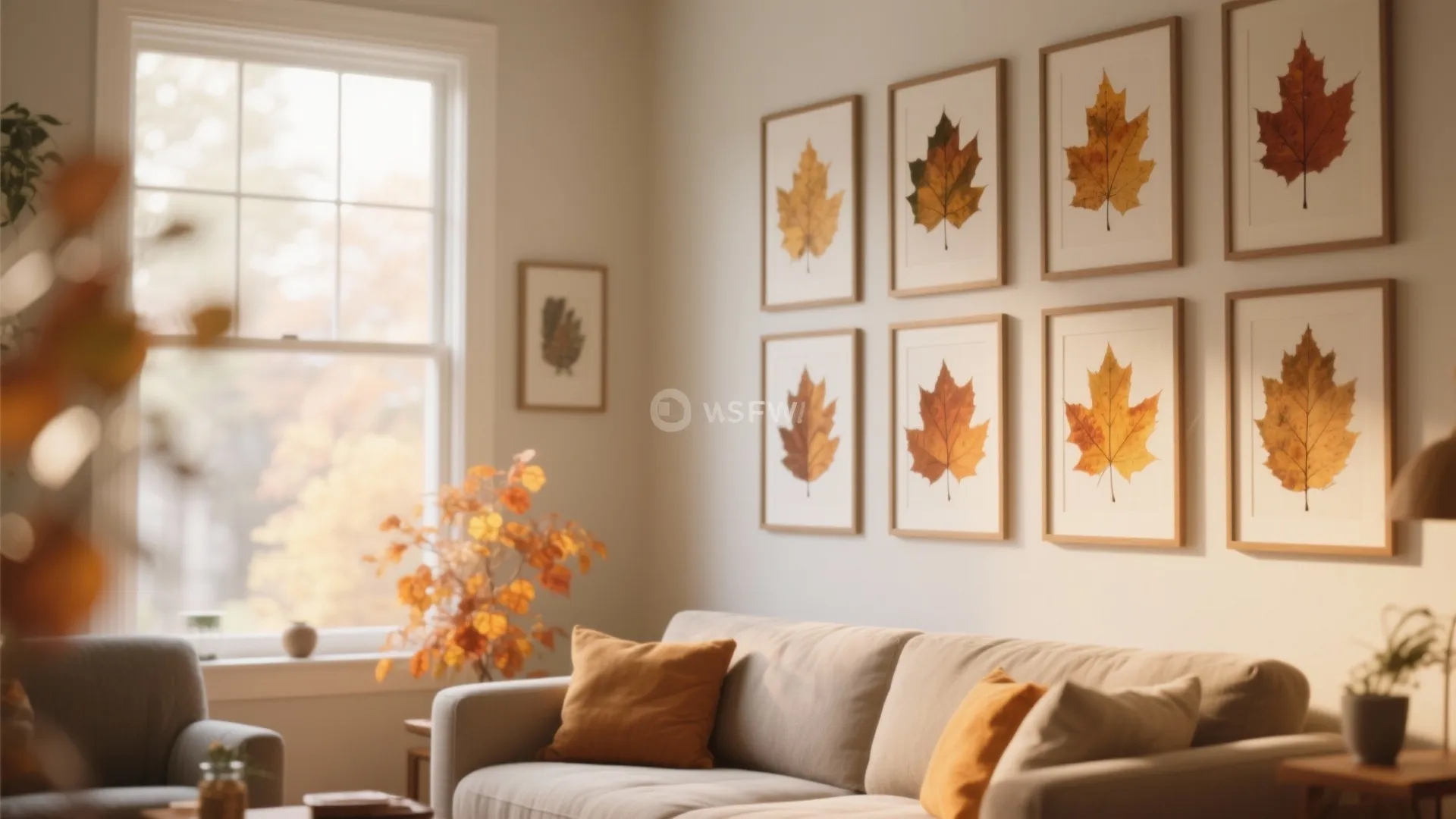Living room wall with framed leaf art prints above a sofa with orange throw pillows