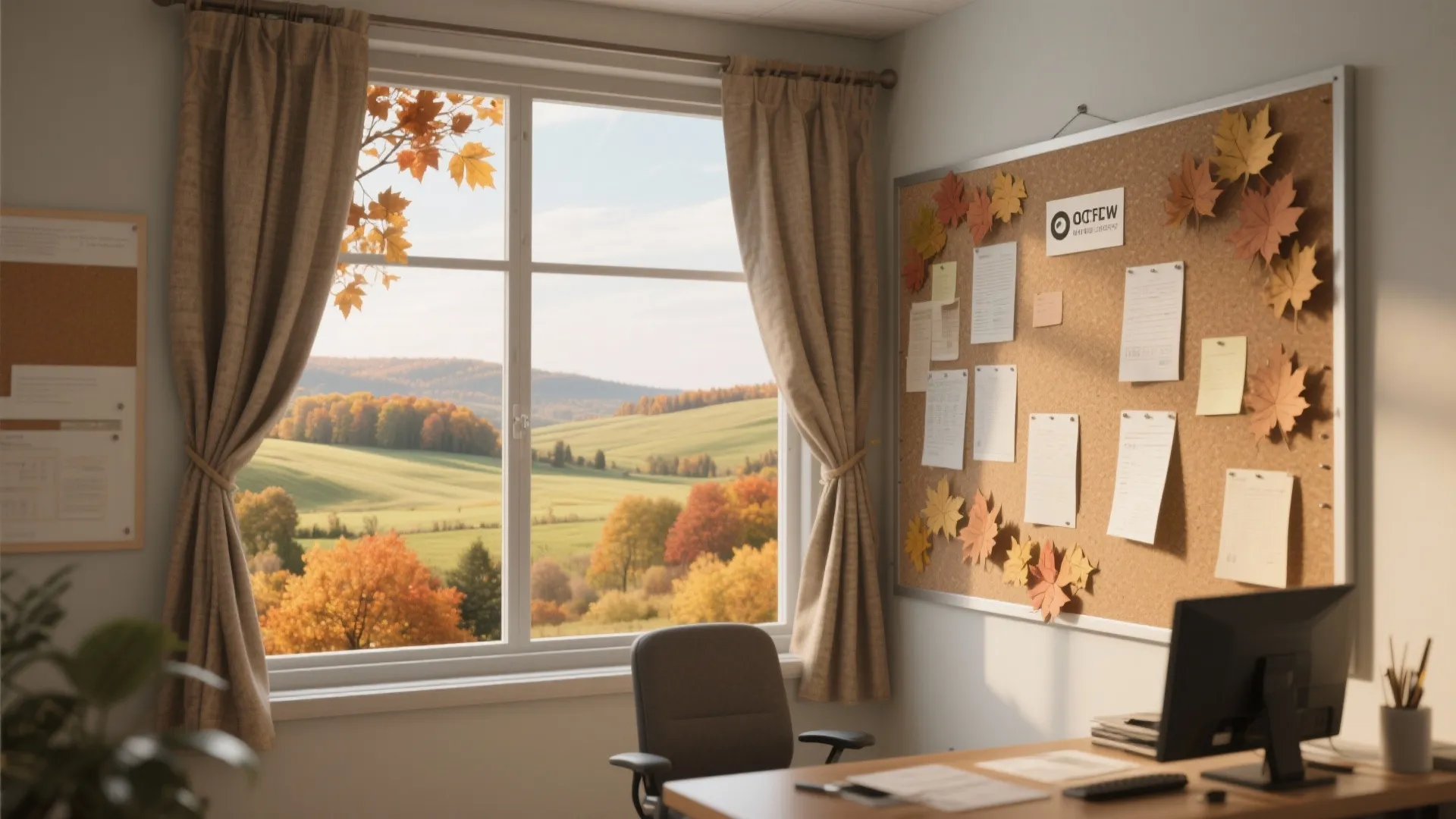 Office desk with computer next to window showing autumn trees and a cork notice board