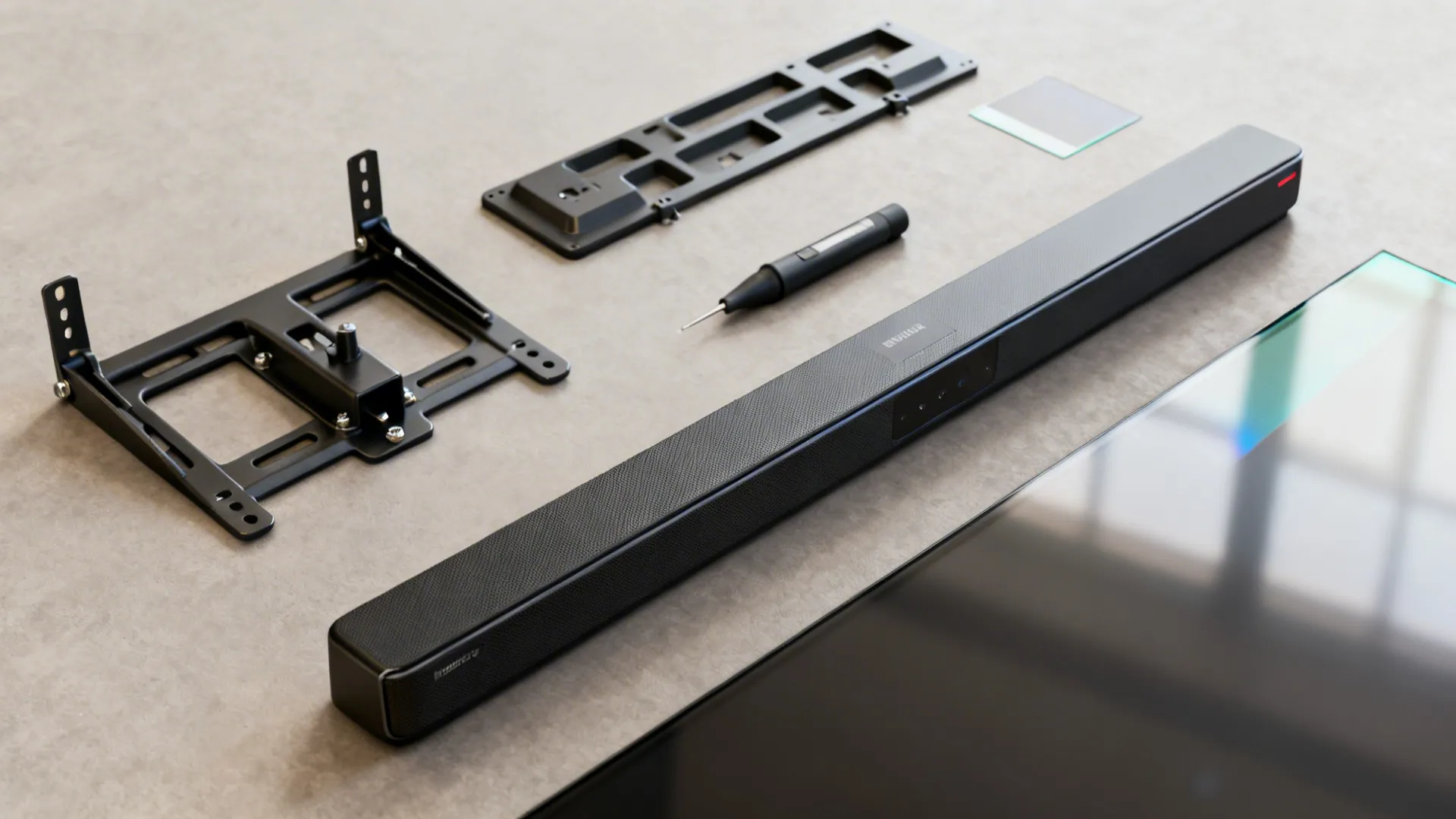 AV accessories for a 65-inch TV including a soundbar, mount hardware, and calibration tool.