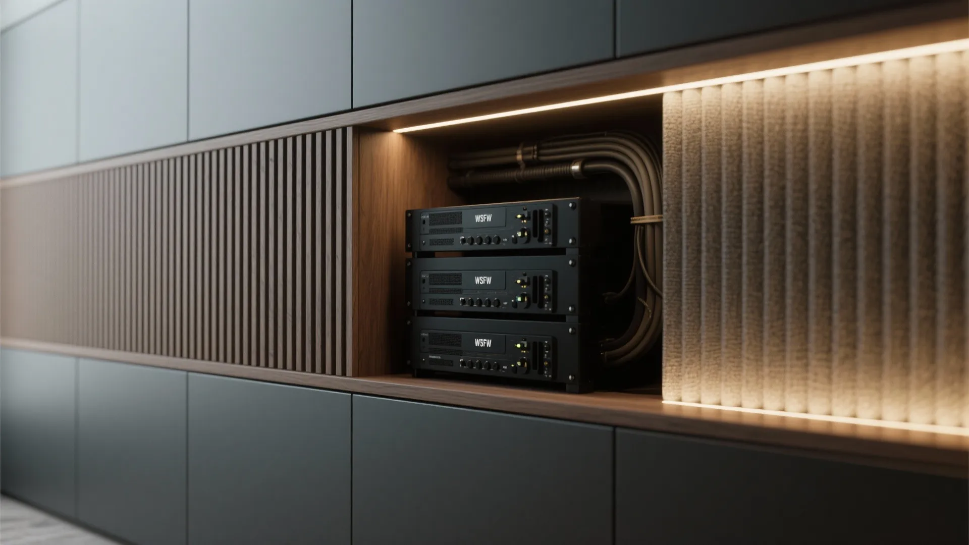 Black wall cabinet with wood niche housing three electronic power units and organized cables inside
