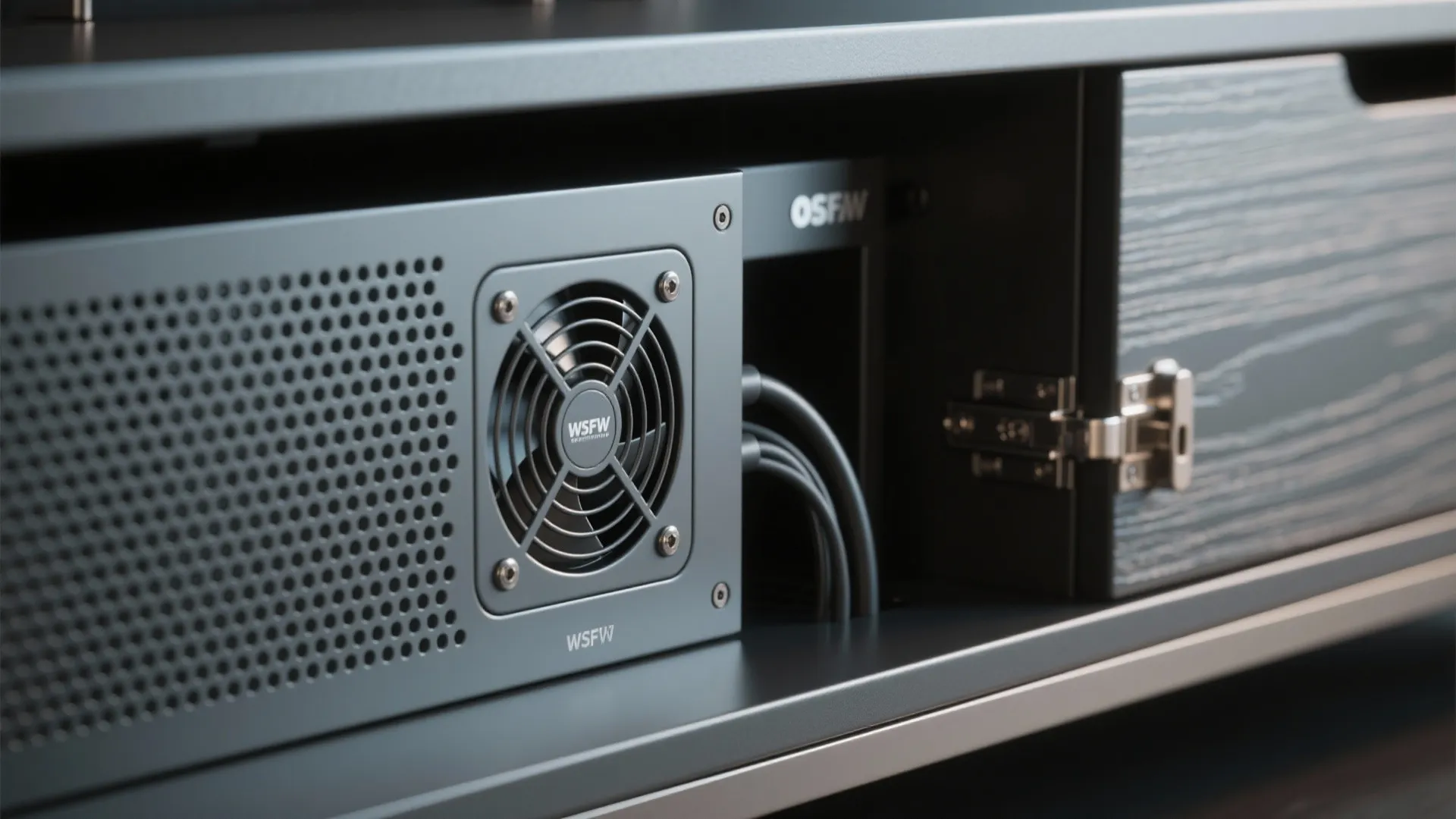 Macro view of ventilated AV cabinet with perforated grille and cable grommet.