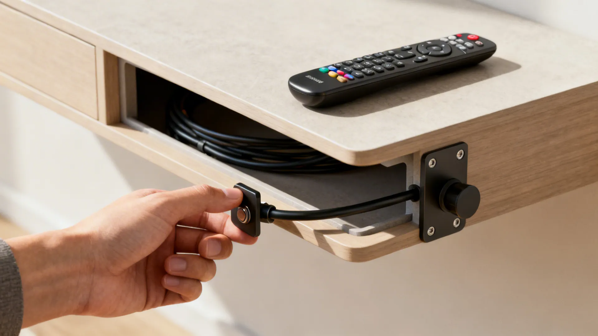 Detail of remote, cable management behind floating console, and swivel mount adjustment.