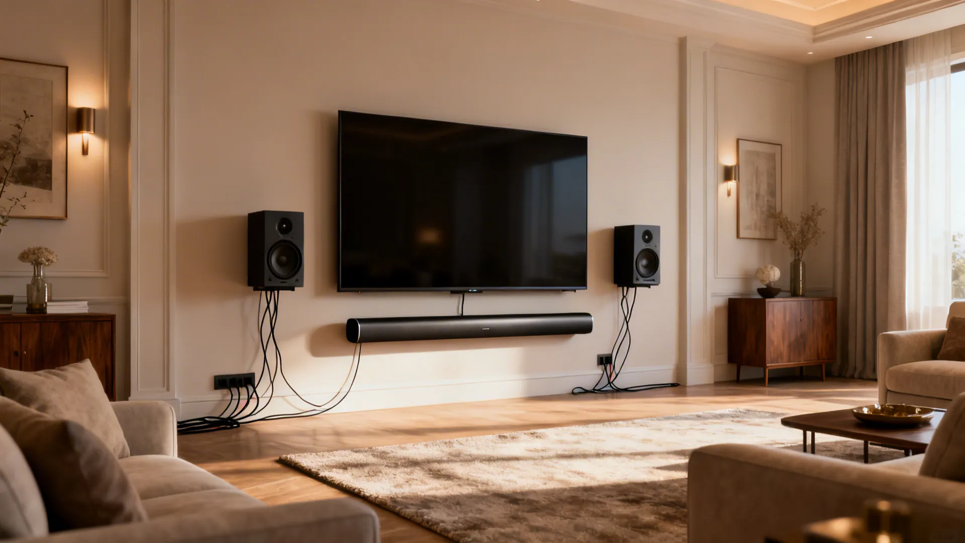 Living room with large TV and matching soundbar showing integrated audio setup