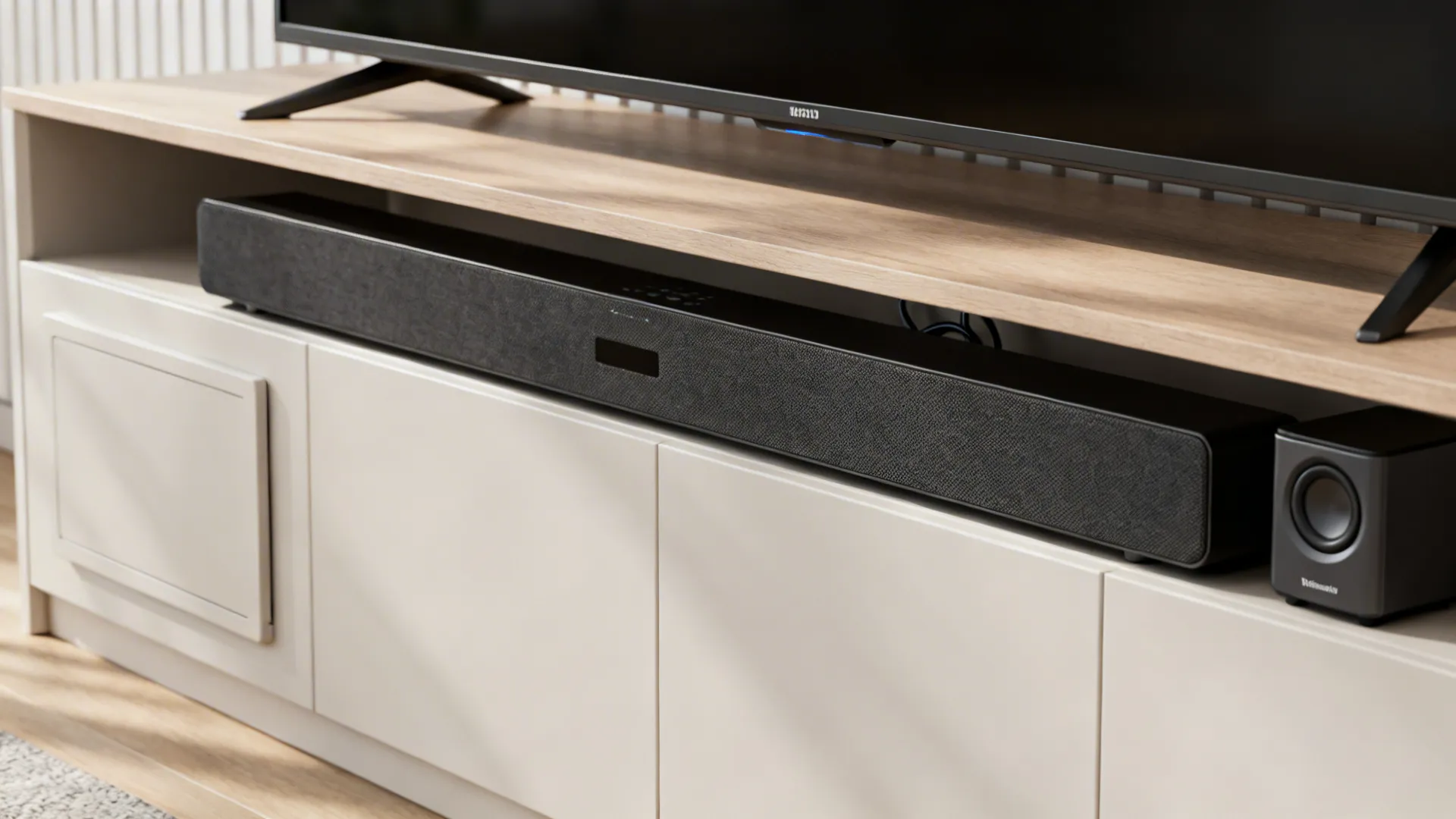 Compact soundbar and small wireless subwoofer with concealed cable routing in a small living room