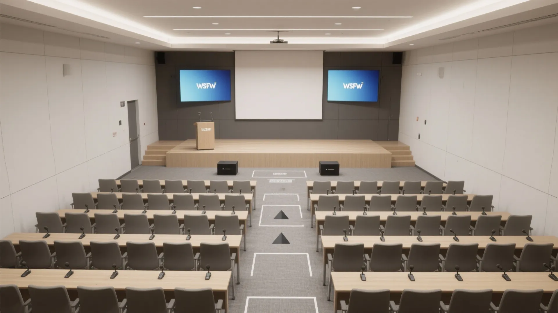 Integrated AV and sightlines: stage, screens, and mic zones